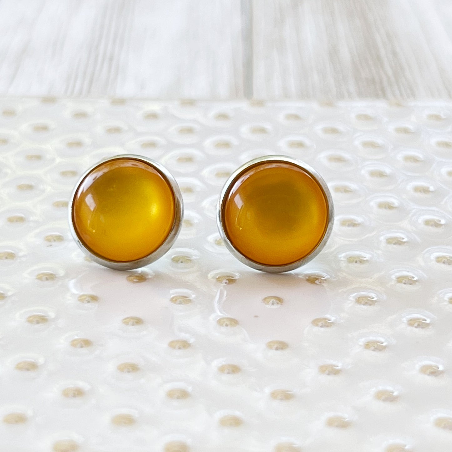 Silver Yellow Orange Glass Earrings Studs, Stainless Steel Earrings, Boho Earrings, Bridesmaid Earrings, Mens Earrings Stud, Unique Earring