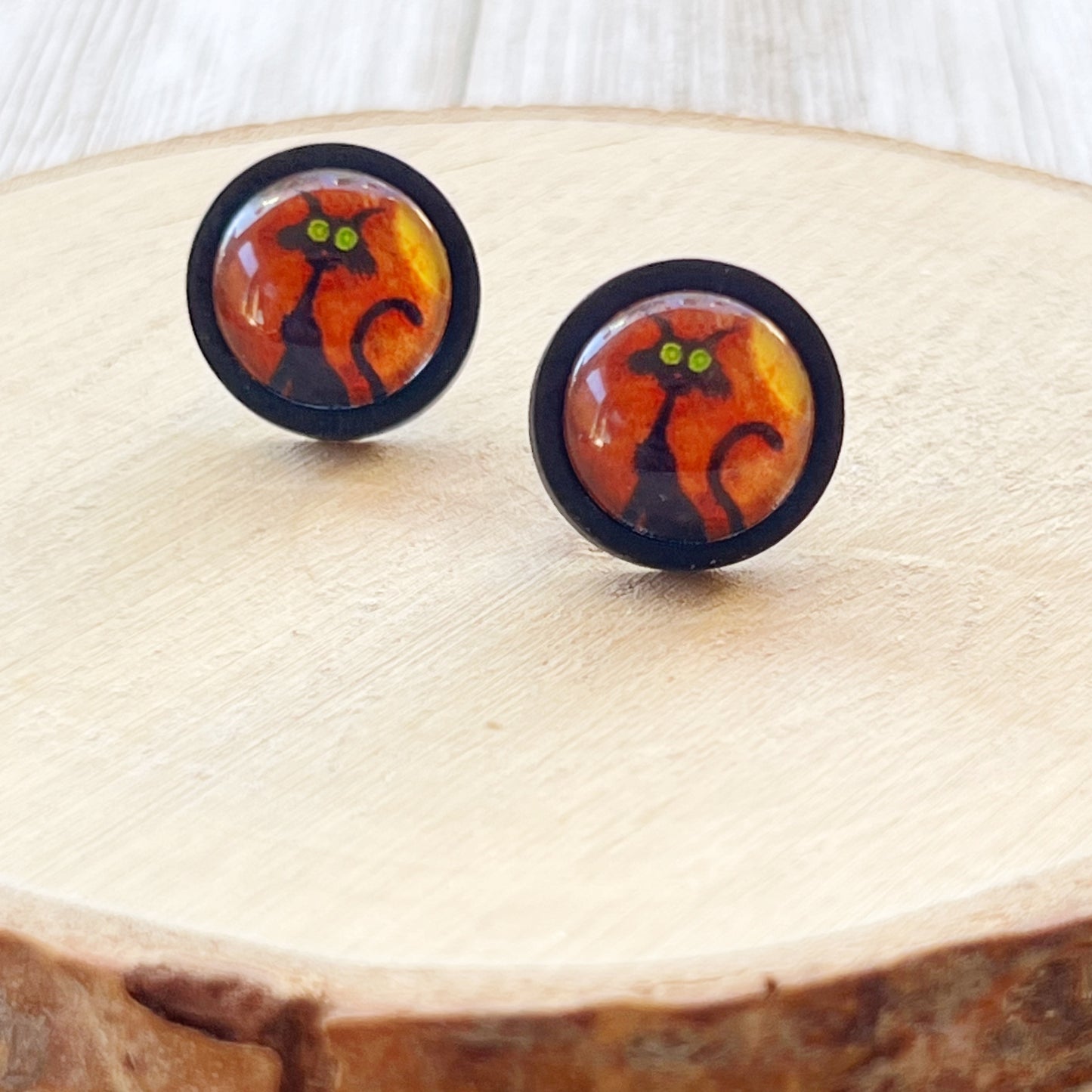 Black Cat Halloween Stainless Steel Black Wood Stud Earring - Spooky and Stylish Accessory