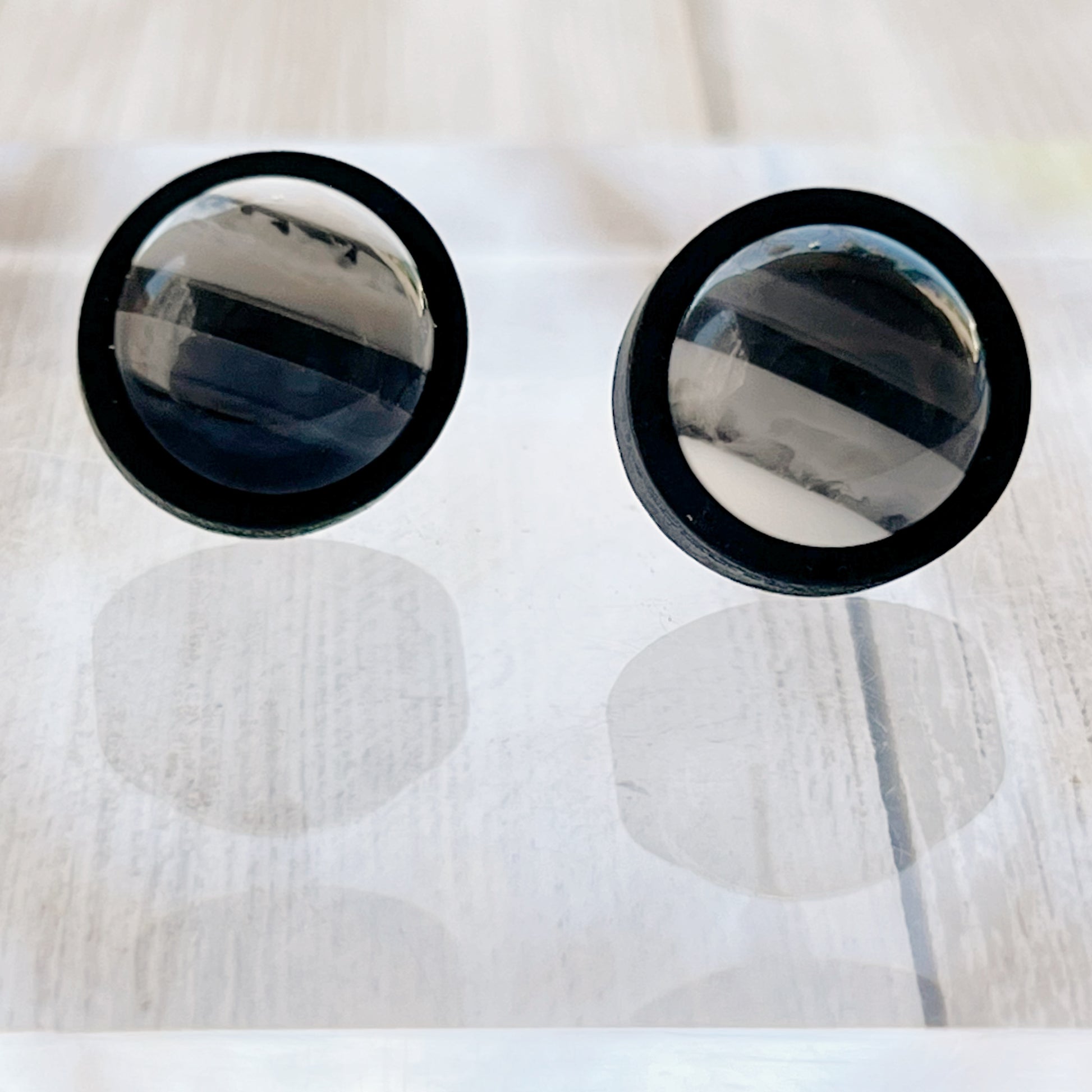 Black & White Gradient Striped Wood Earrings - Stylish Monochrome Accessories