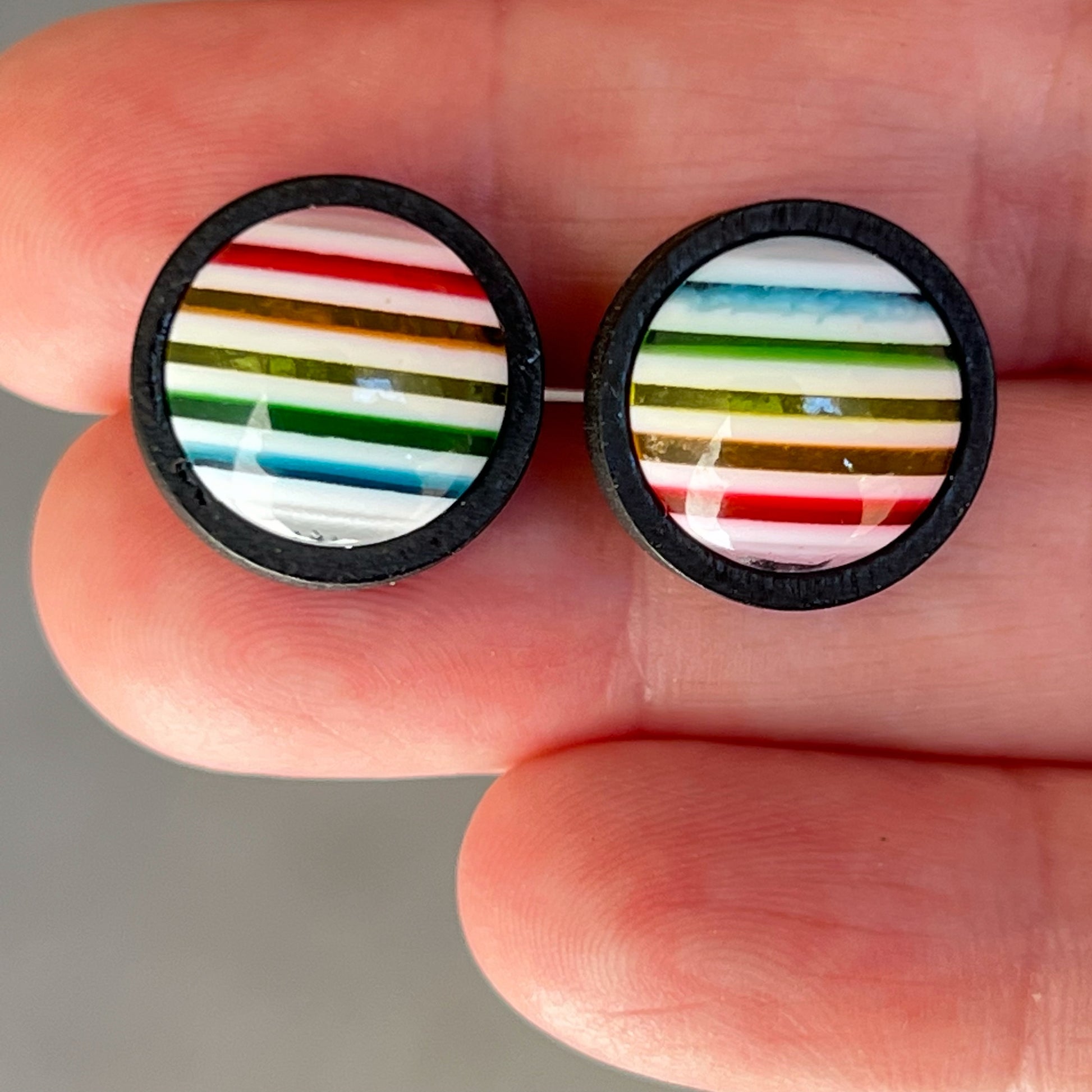 Rainbow Striped Black Wood Stud Earrings - Colorful and Unique Accessories