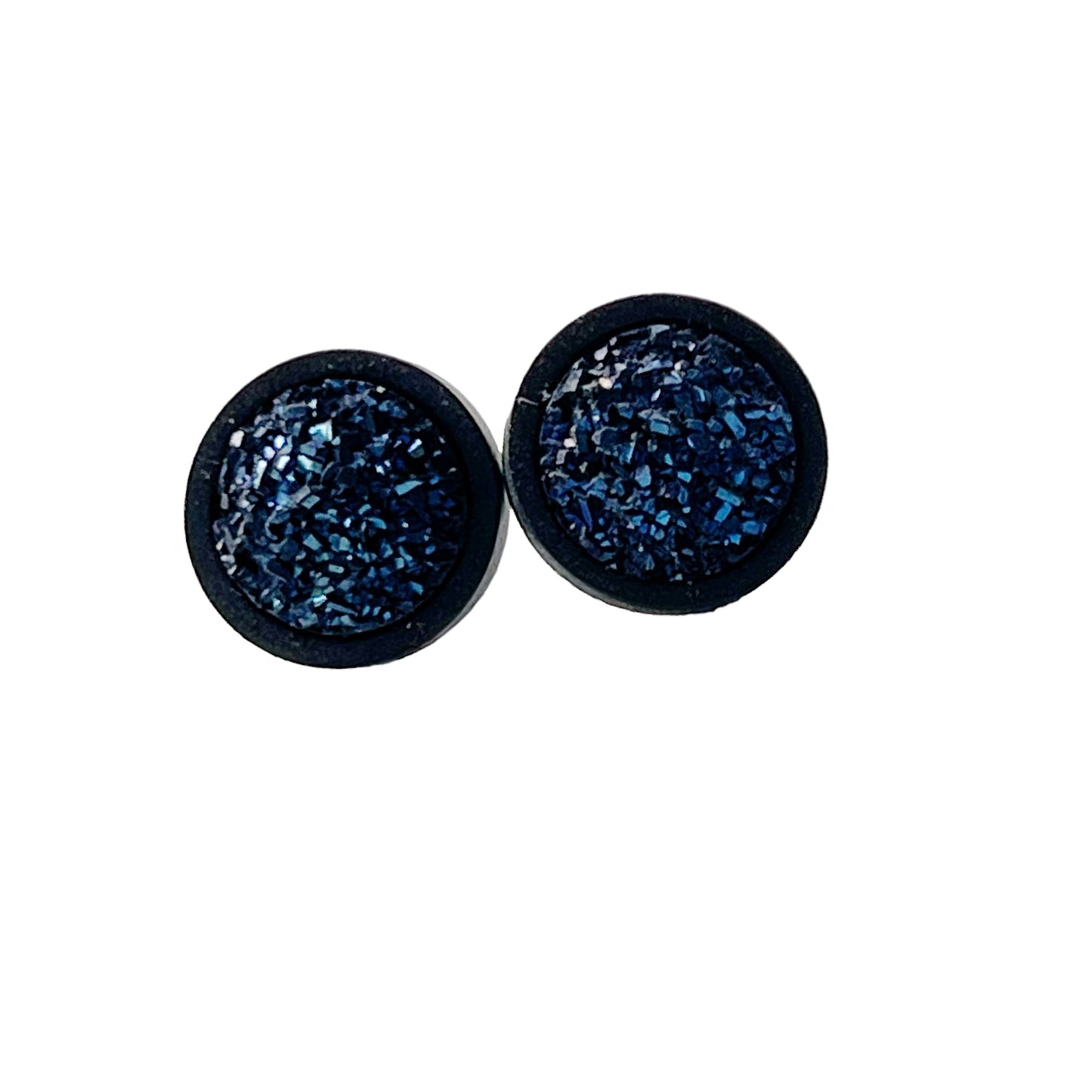 Round Blue Druzy & Black Wood Stud Earrings - Statement-making & Contemporary Accessories