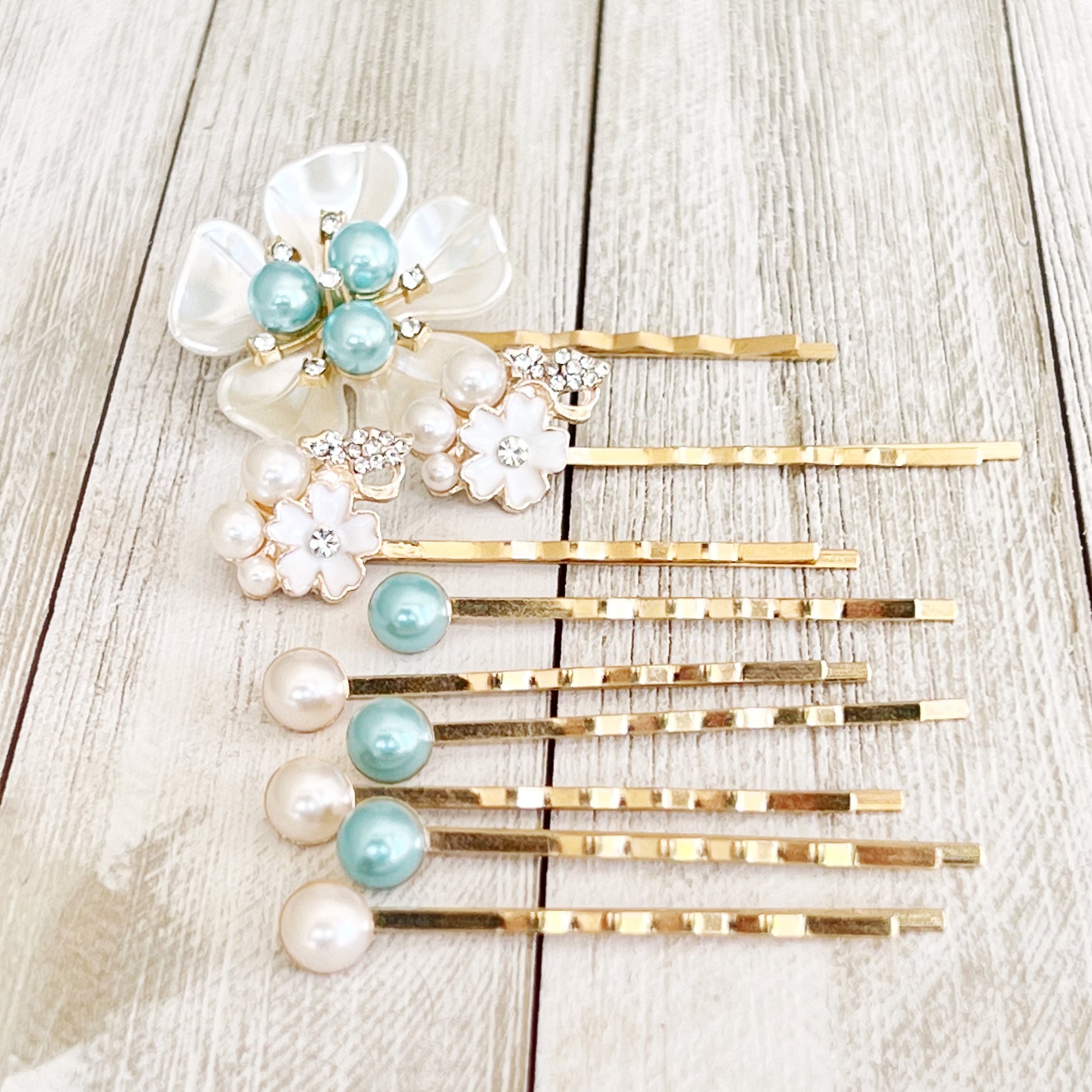 Blue Pearl Hair Pins Set - Wedding Hair Jewelry for Bride | White Floral & Rhinestone Bobby Pins for Elegant Hairstyles