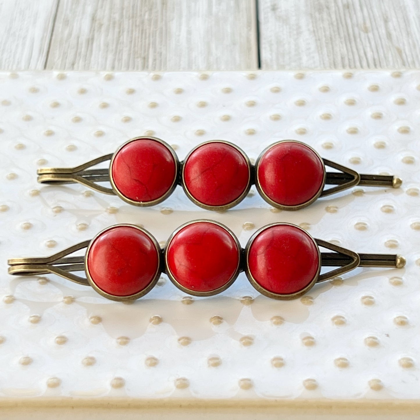 Red Stone Hair Pins