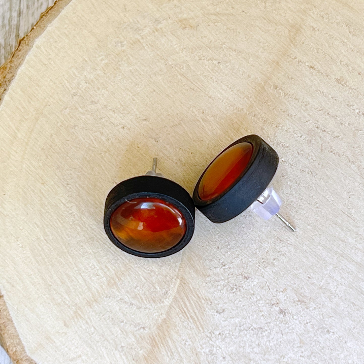 Orange Resin Black Wood Unisex Stud Earrings - Unique & Stylish Accessories