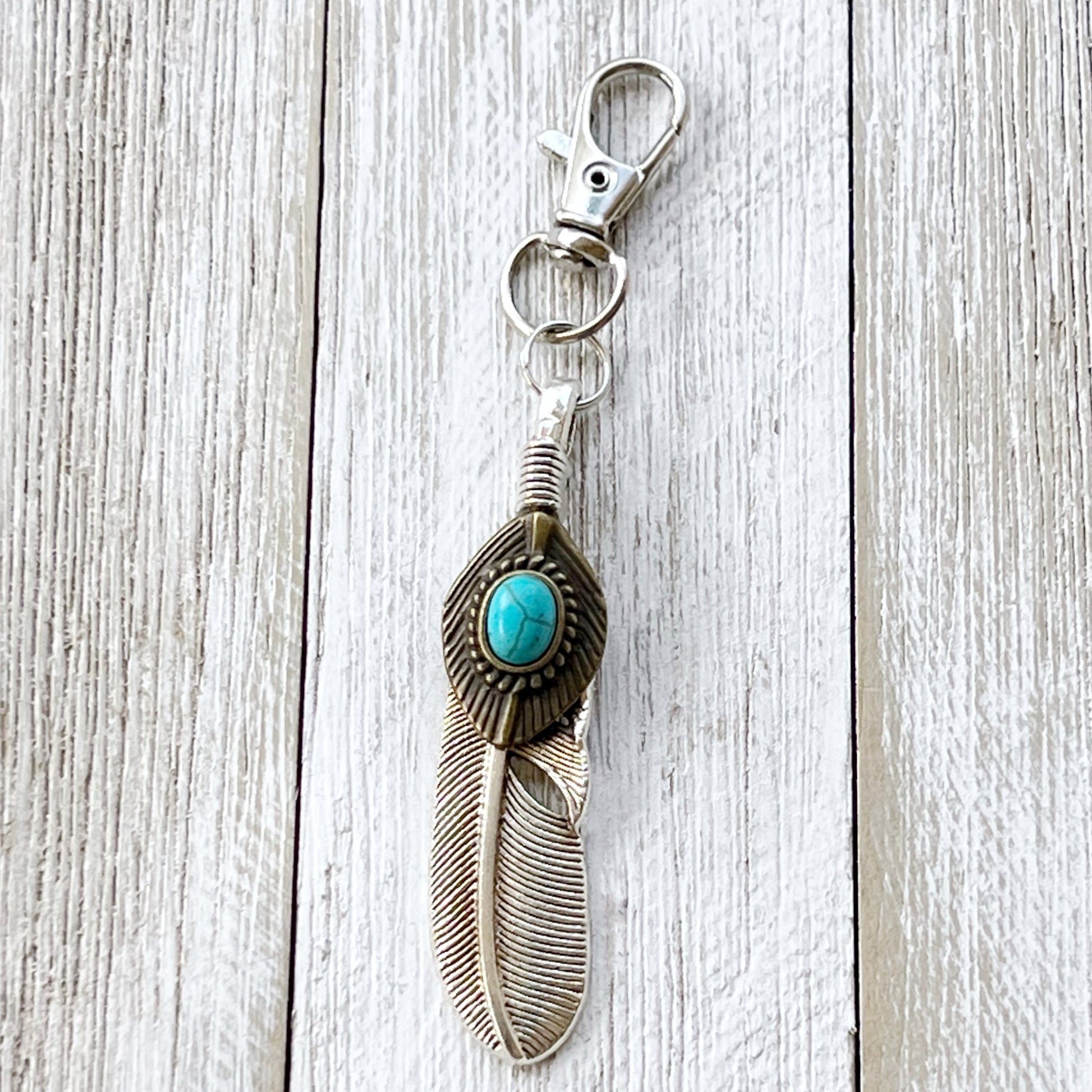 Turquoise Silver Feather Western Zipper Pull Keychain Charm