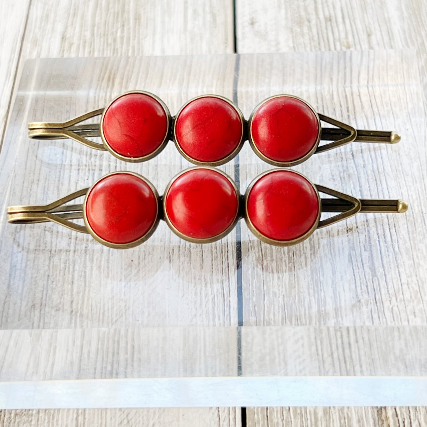 Red Stone Hair Pins