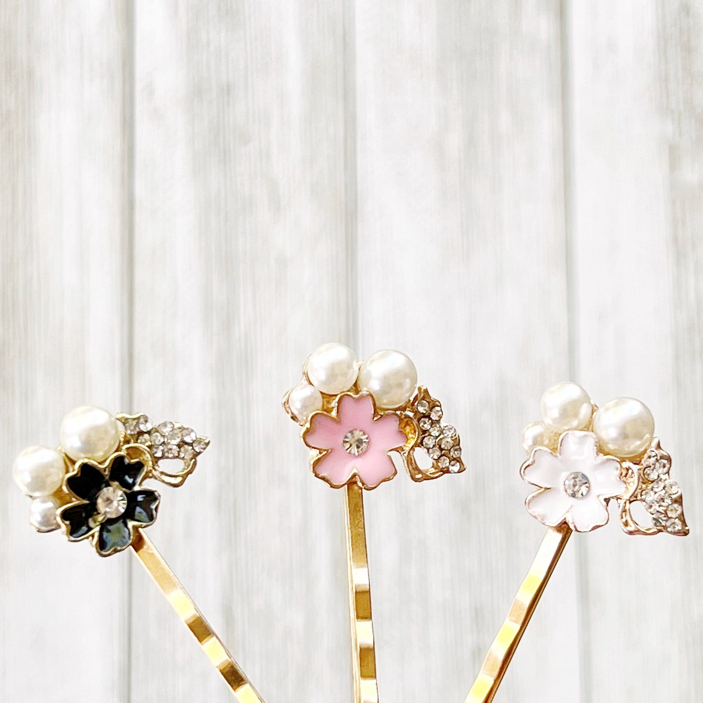 Black, White & Pink Enamel and Rhinestone Flower Hair Pins Set of 3 - Elegant and Versatile Hair Accessories