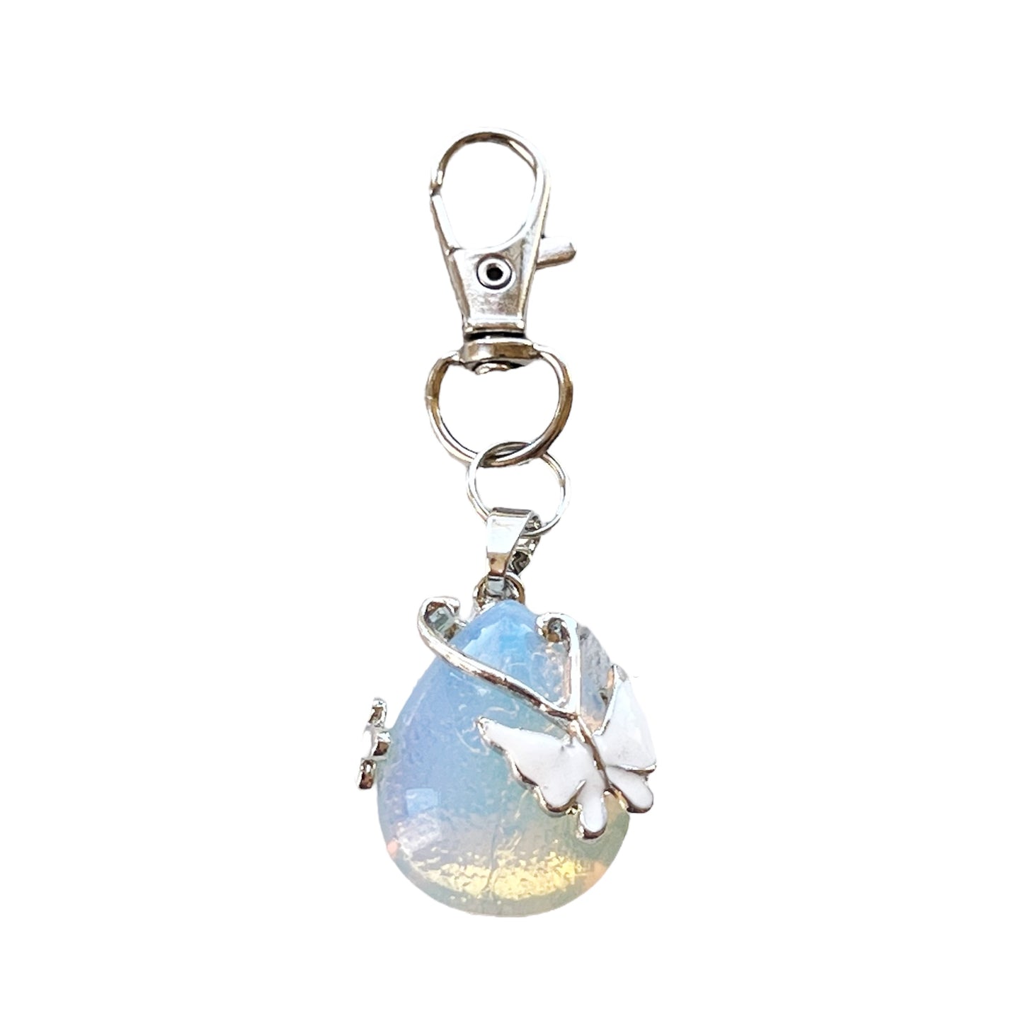 White Butterfly Wrapped Stone Zipper Pull Keychain Charm