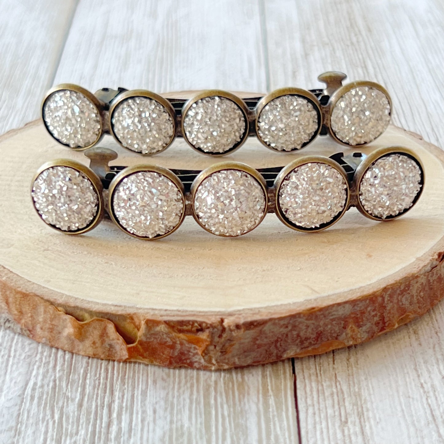 Metallic Silver Druzy Brass Barrettes - Stylish & Elegant Hair Accessories