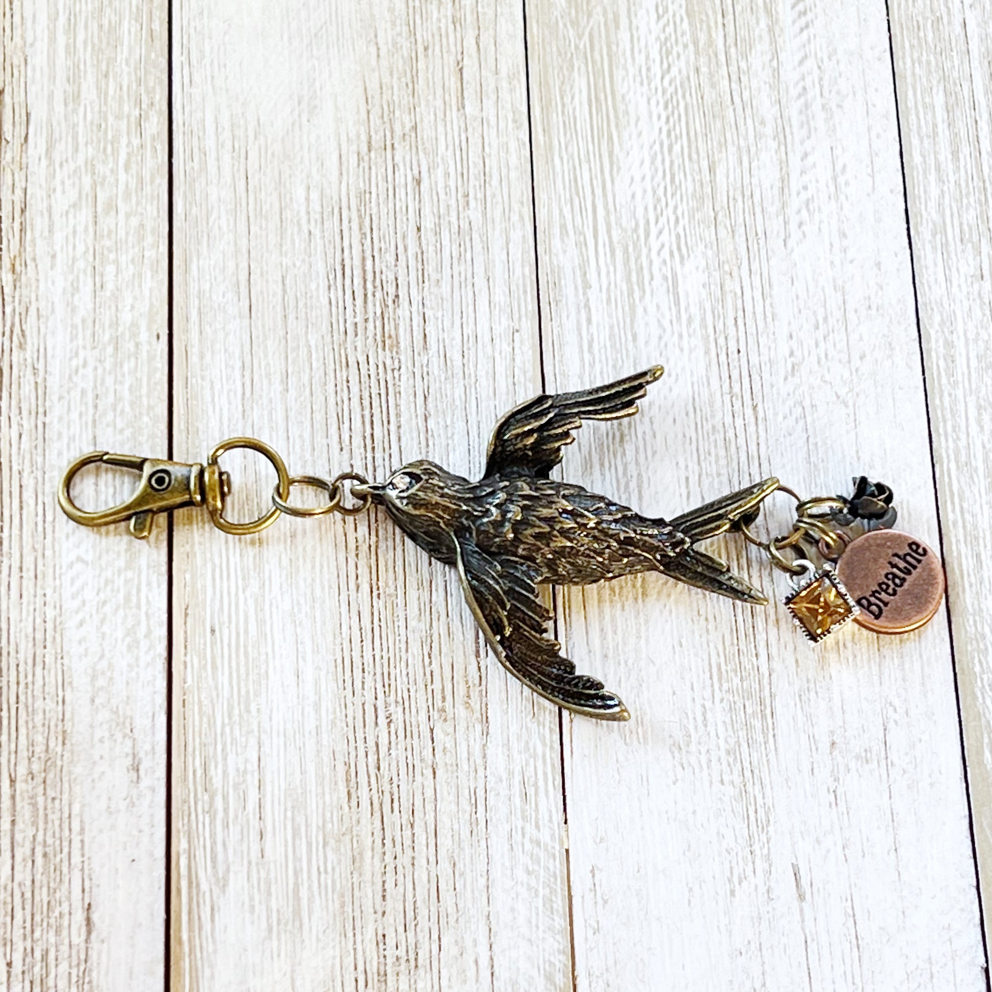 Large Metal 'Breathe' Bird Charm with Rhinestone and Flower Accents - Perfect for Keychain or Purse Decoration