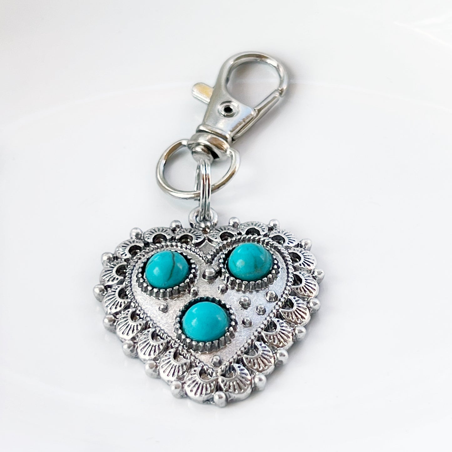 Turquoise Silver Heart Western Zipper Handbag Charm