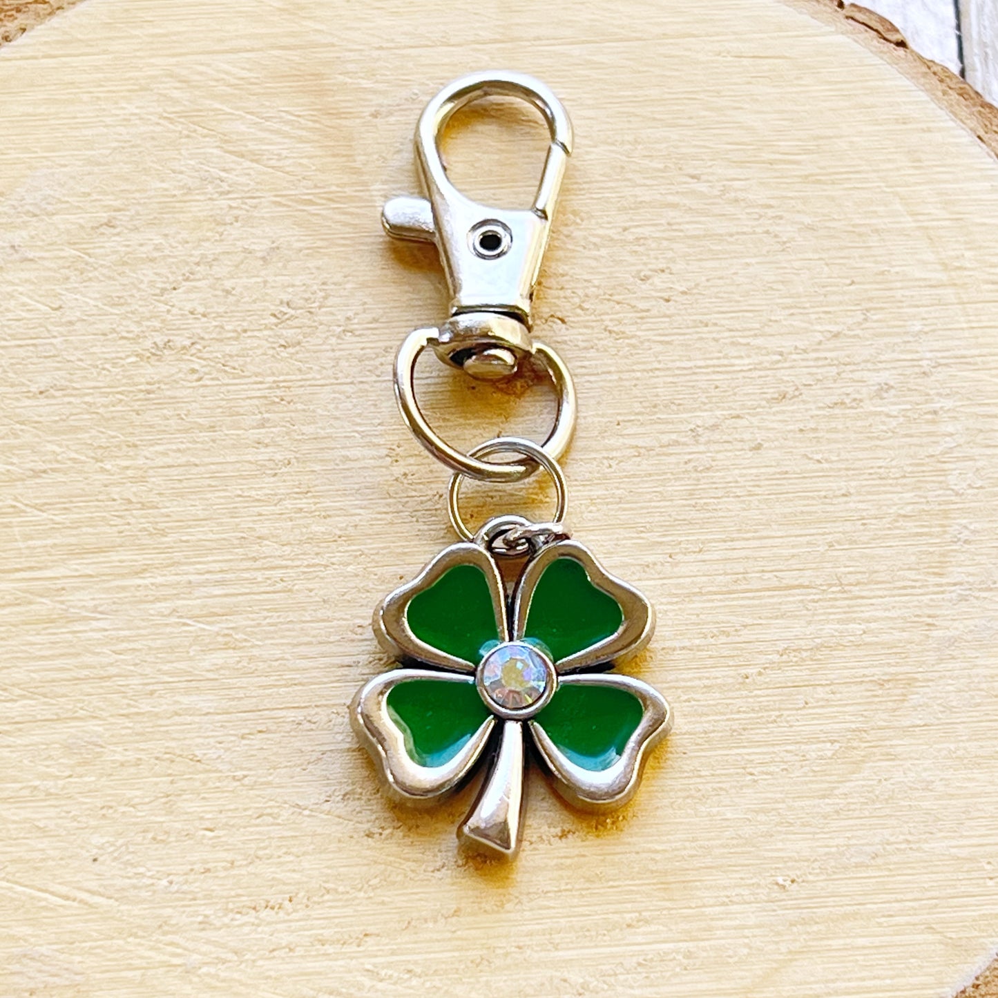 Four Leaf Clover Zipper Pull Keychain Purse Charm - Rhinestone Embellished Lucky Charm