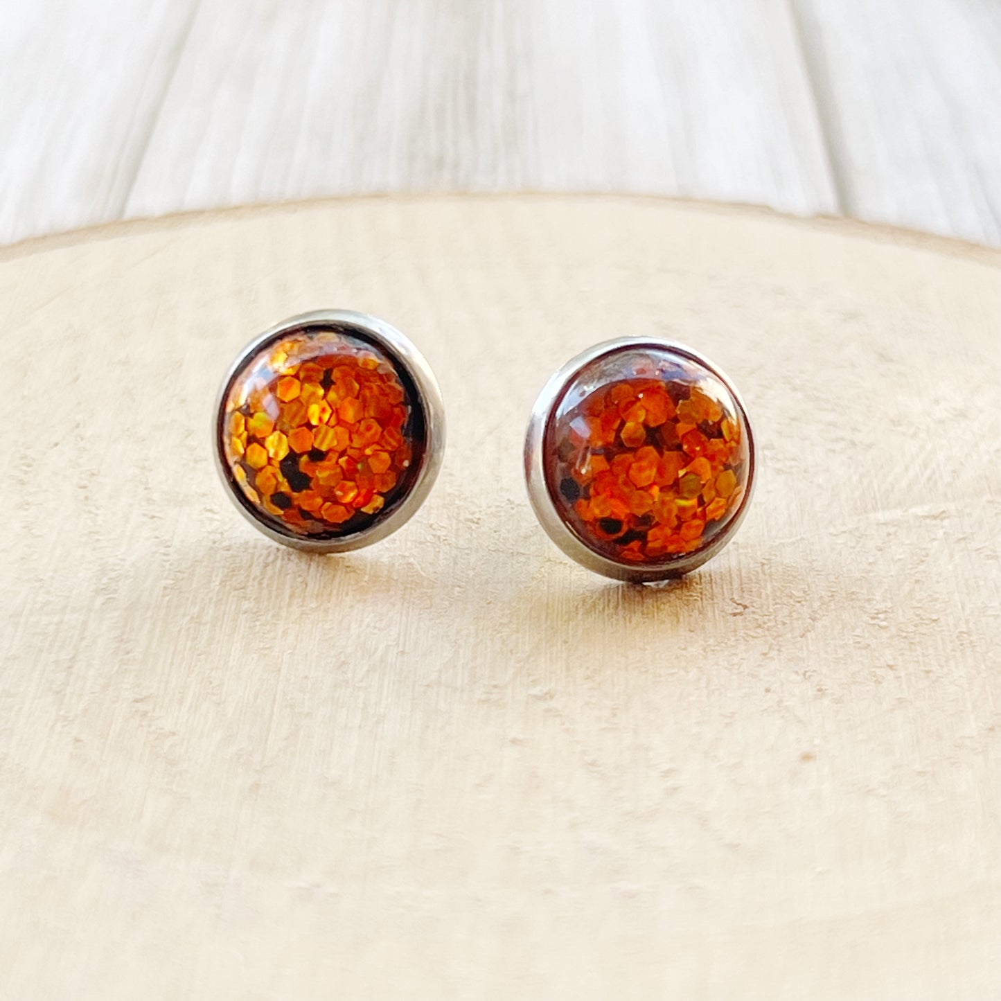 Orange Glitter 10mm Silver Stud Earrings - Sparkling and Elegant Accessories