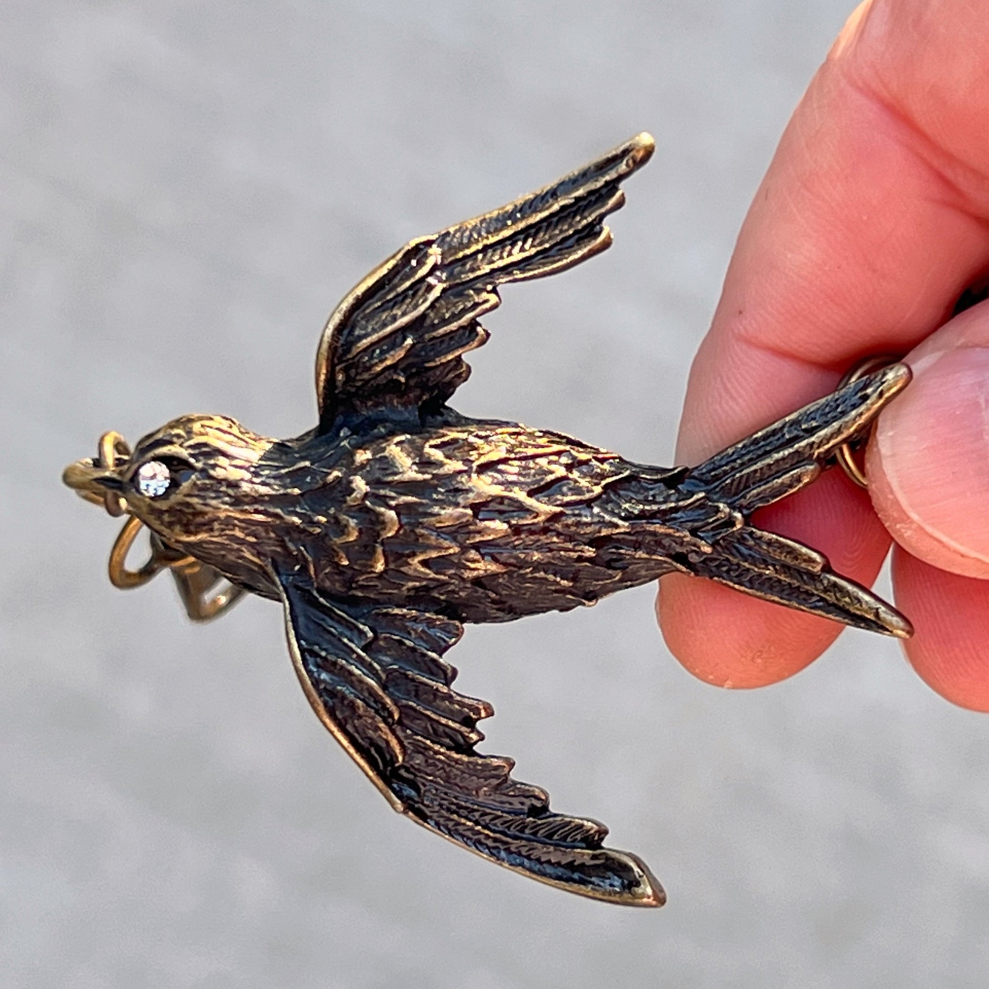 Large Metal 'Breathe' Bird Charm with Rhinestone and Flower Accents - Perfect for Keychain or Purse Decoration