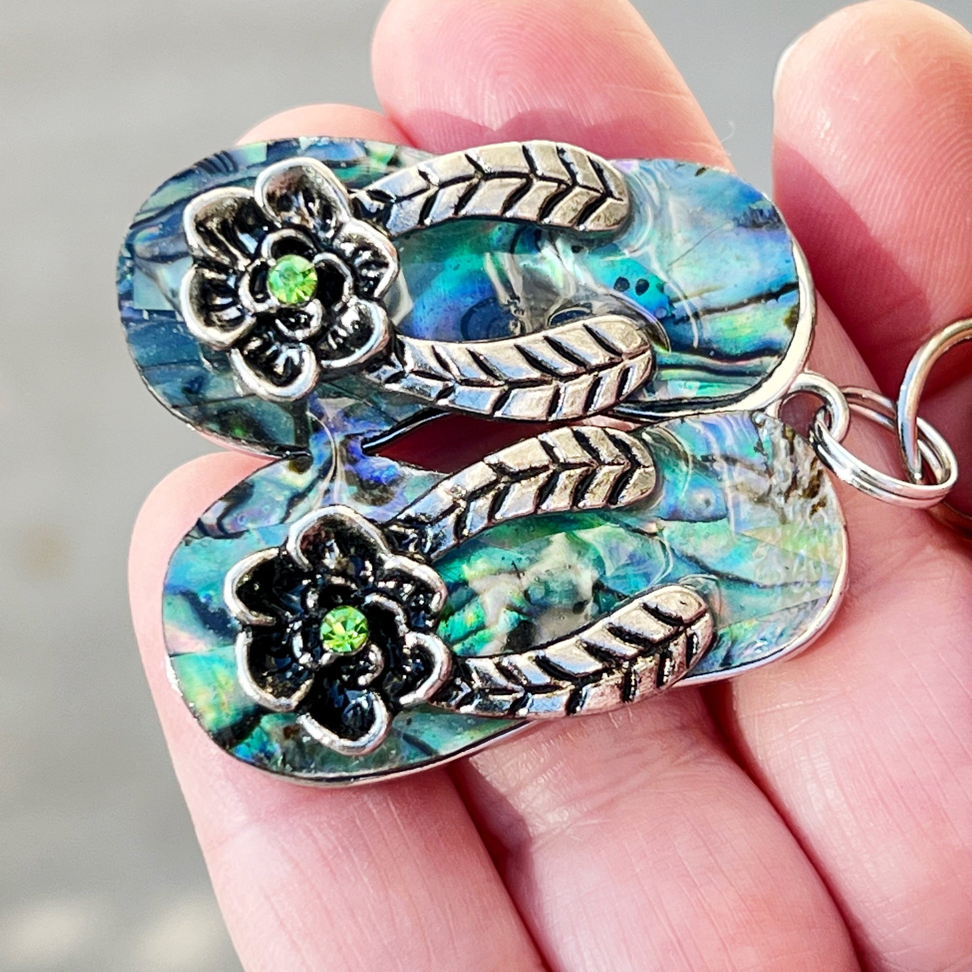 Flip Flop Floral Zipper Pull Keychain Purse Charm with Natural Abalone - Beachy Chic Accessory