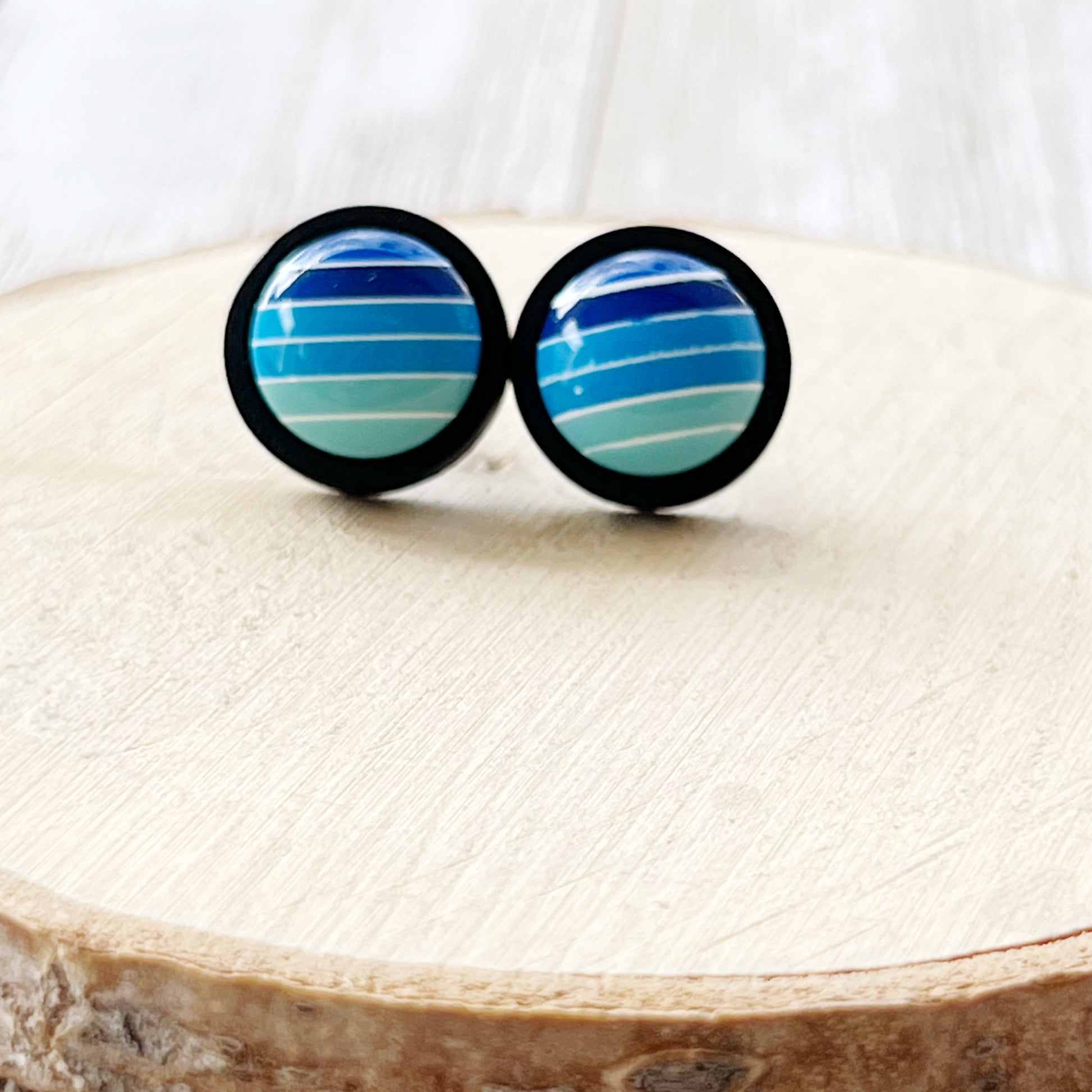 Blue Gradient Striped Black Wood Earrings - Stylish Contemporary Accessories