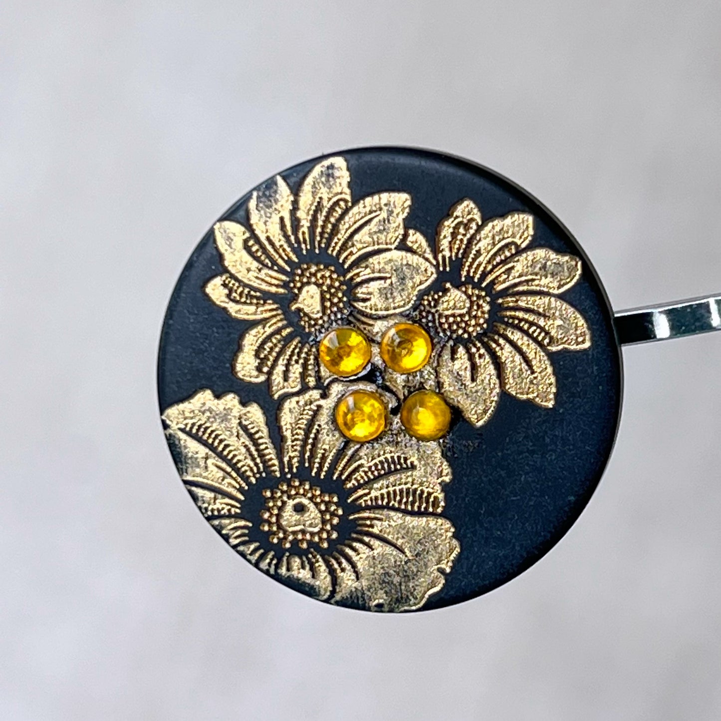 Black & Gold Sunflower Silver Bobby Pin - Elegant Floral Hair Accessory