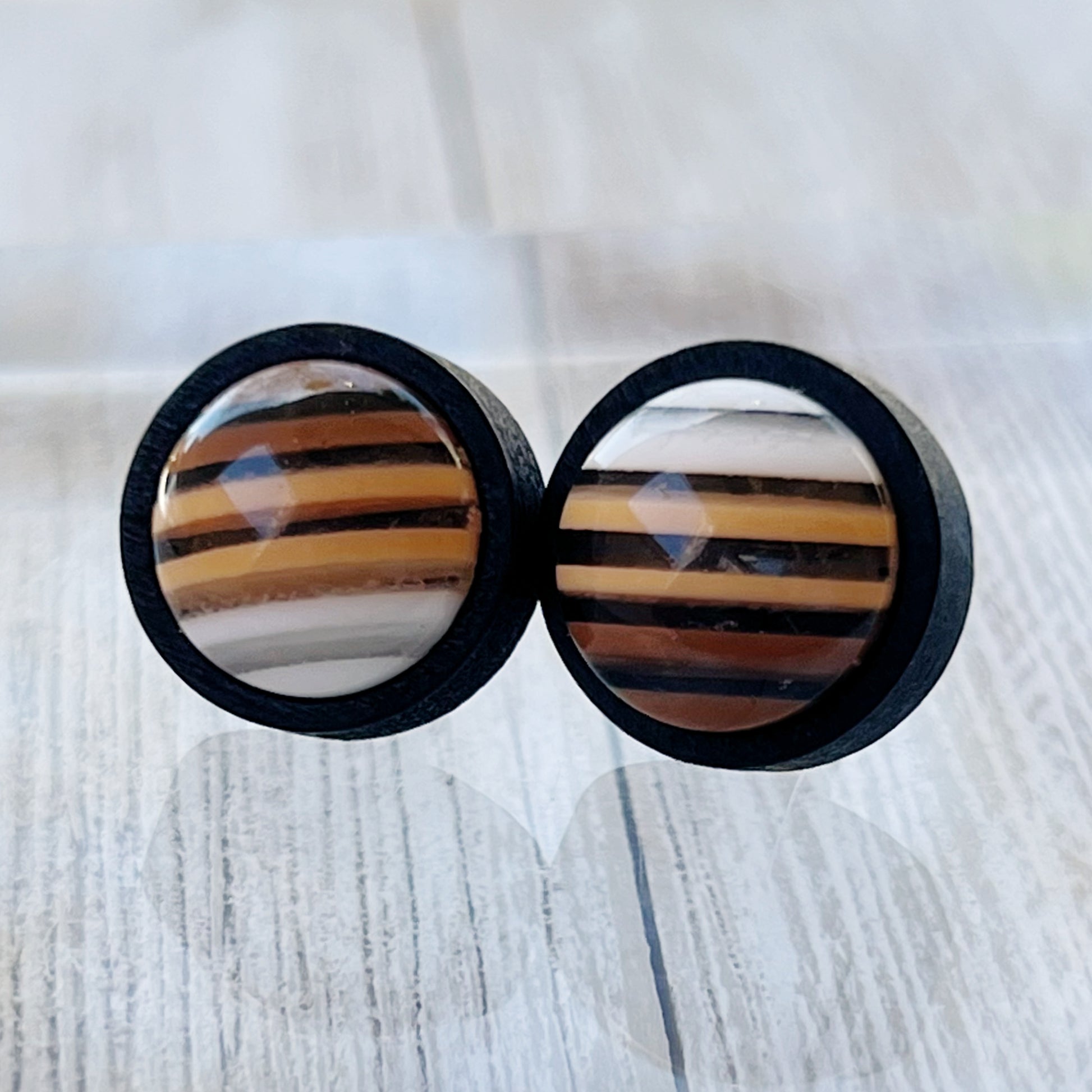 Brown & White Striped Black Wood Earrings - Chic & Contemporary Accessories