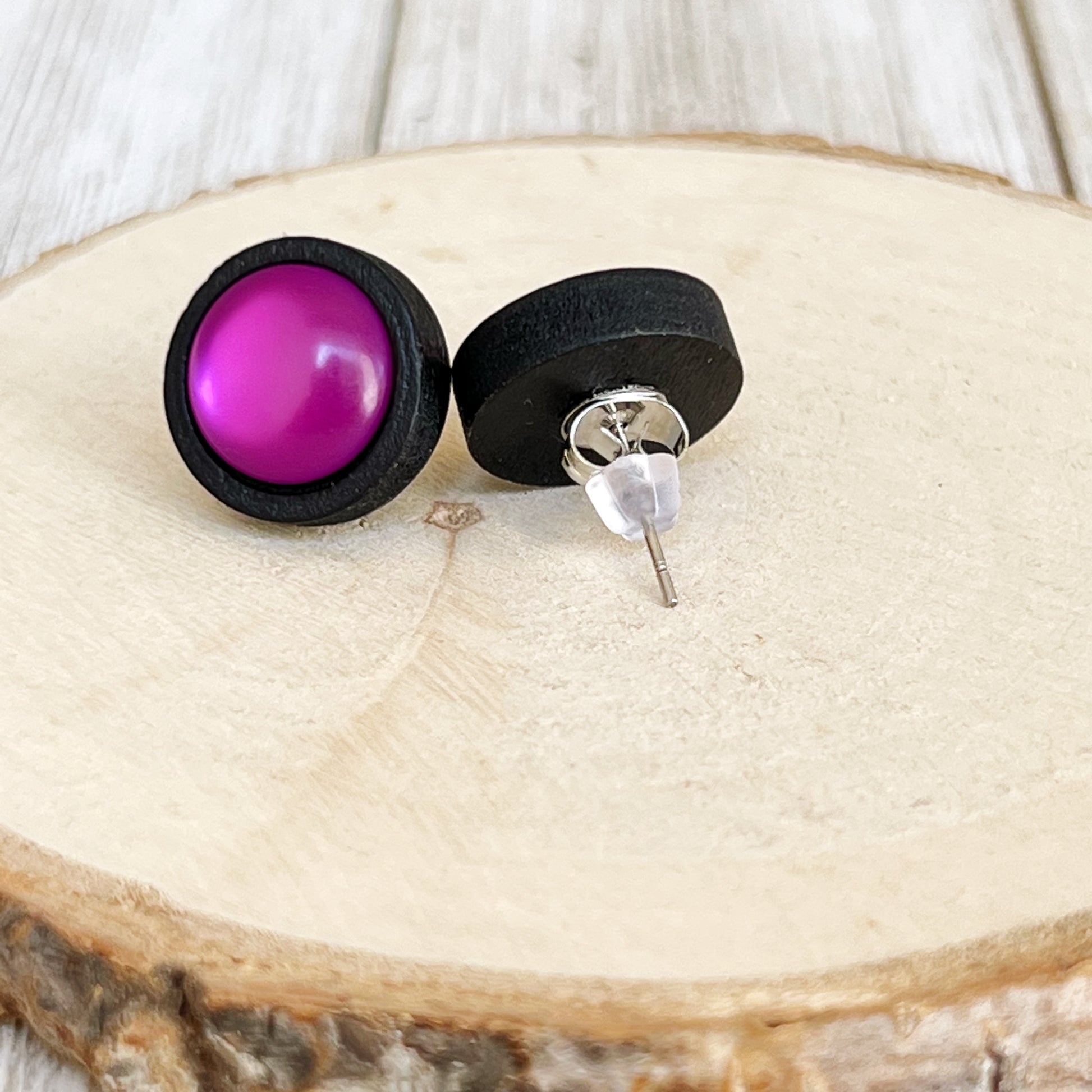 Purple Resin Black Wood Unisex Stud Earrings - Unique & Stylish Accessories