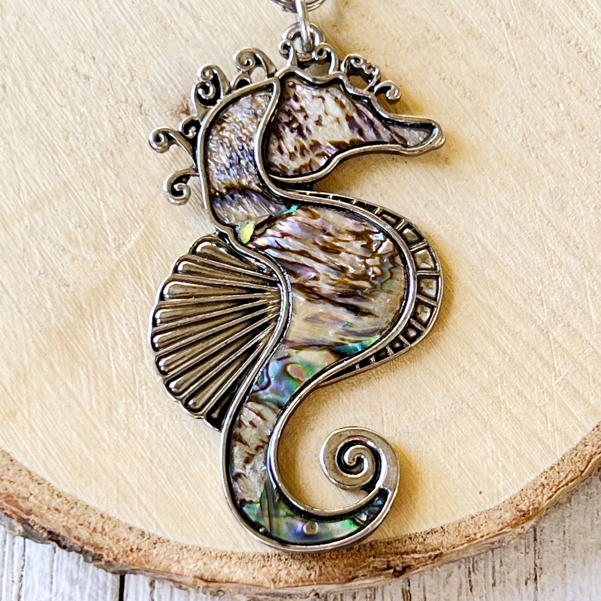 Seahorse Zipper Pull Keychain Charm with Natural Abalone: Coastal Elegance for Your Purse