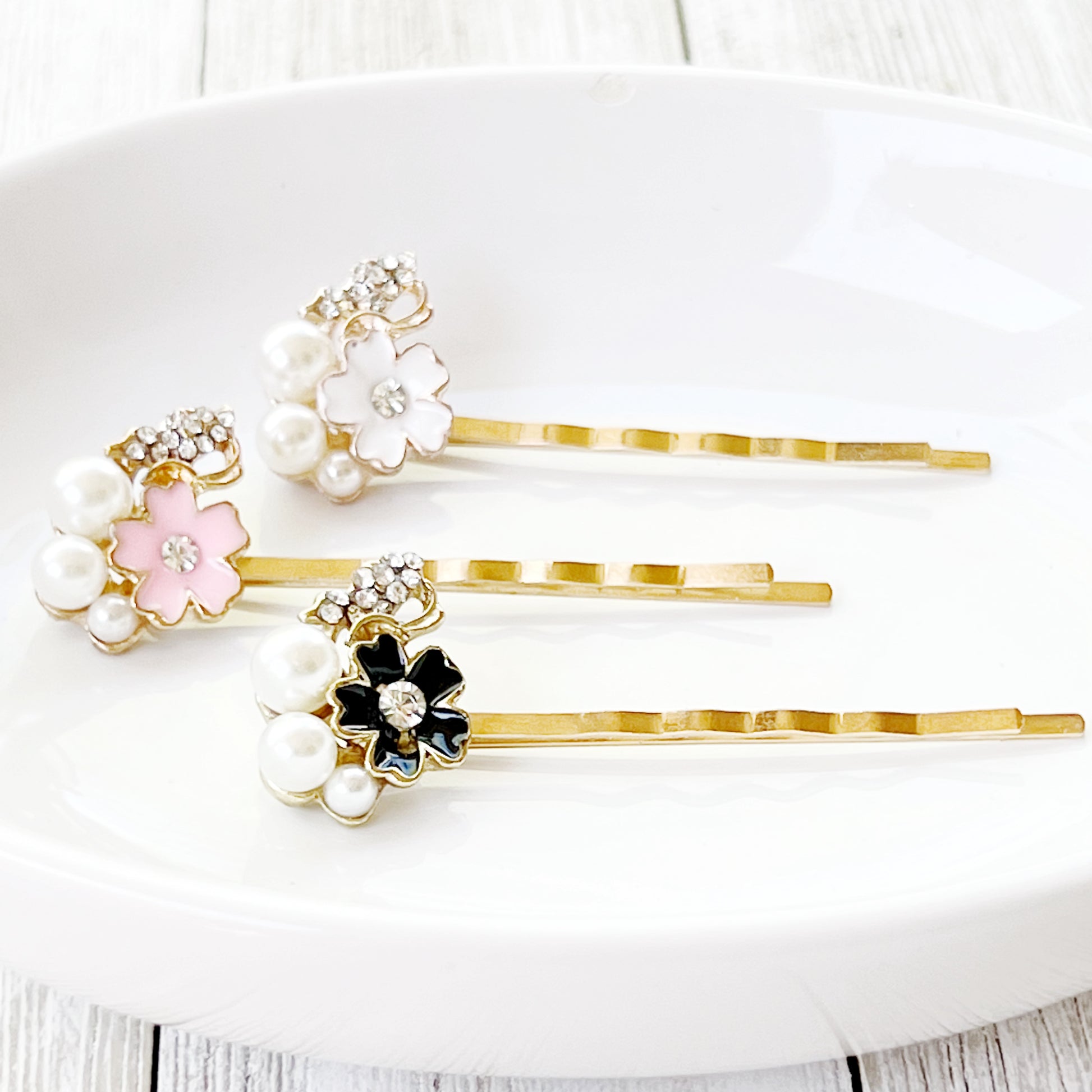 Black, White & Pink Enamel and Rhinestone Flower Hair Pins Set of 3 - Elegant and Versatile Hair Accessories