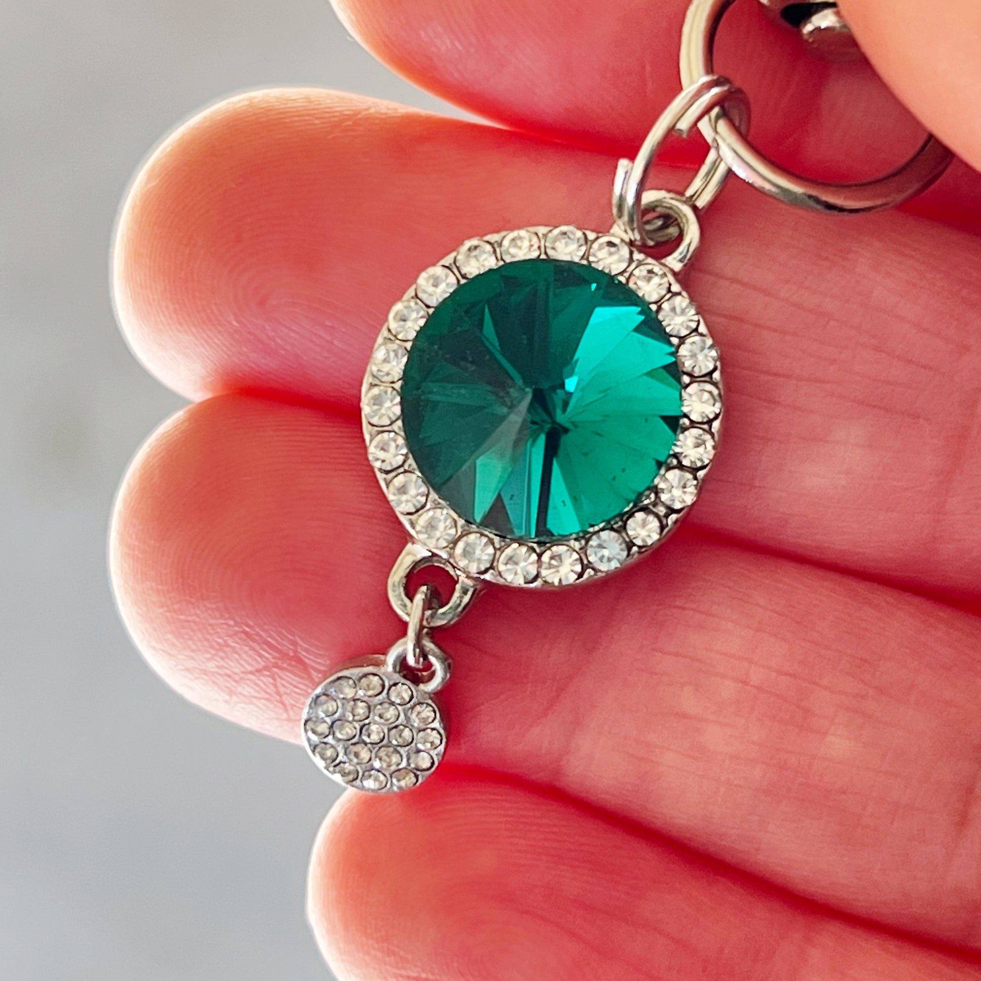 Green Zipper Pull Keychain Charm with Rhinestones