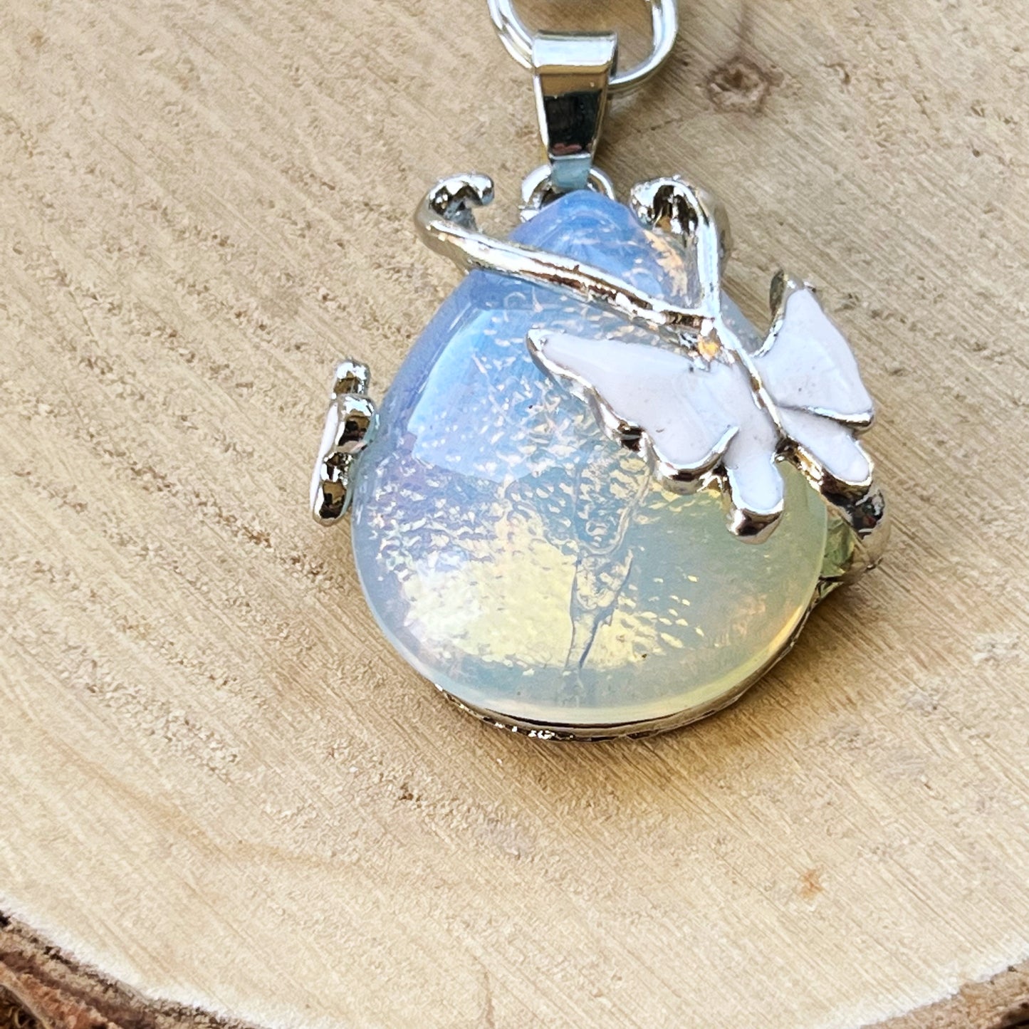 White Butterfly Wrapped Stone Zipper Pull Keychain Charm