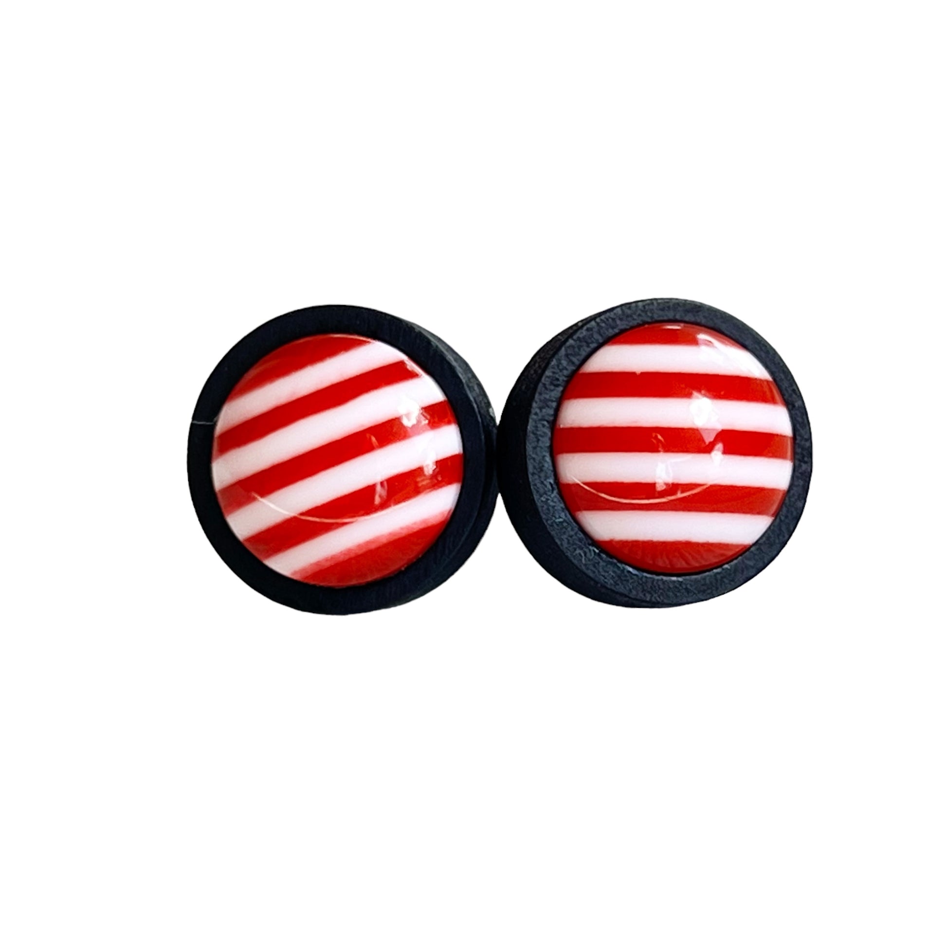 Red & White Striped Unisex Black Wood Stud Earrings: Bold & Versatile Accessories for Any Outfit