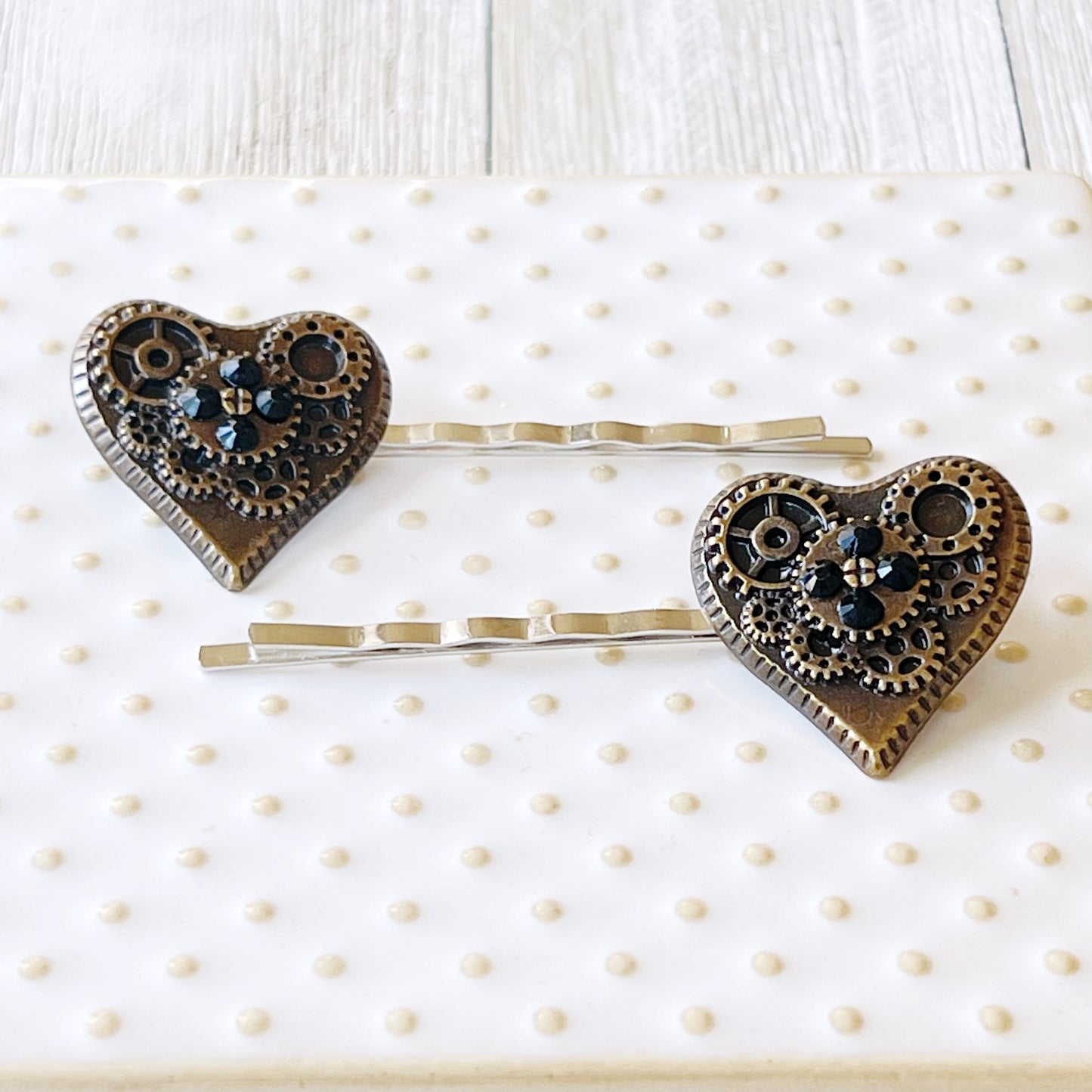 Steampunk Gear Hearts with Black Rhinestones Hair Pin