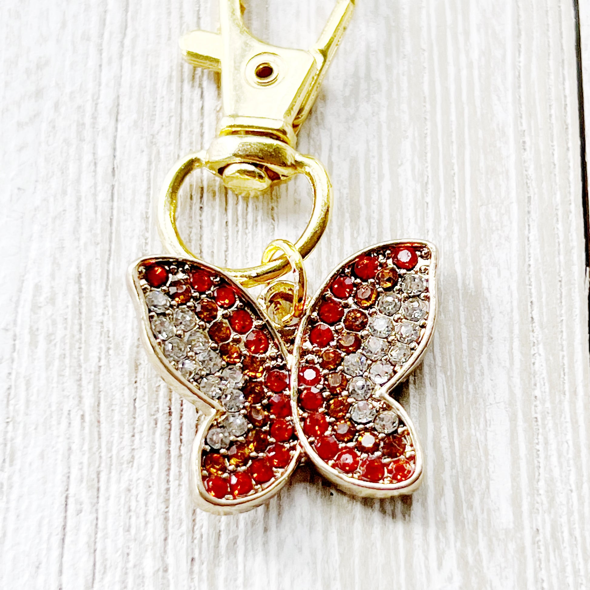 Red & Orange Butterfly Zipper Pull Keychain Charm with Rhinestones - Stylish and Whimsical Accessory for Your Bag