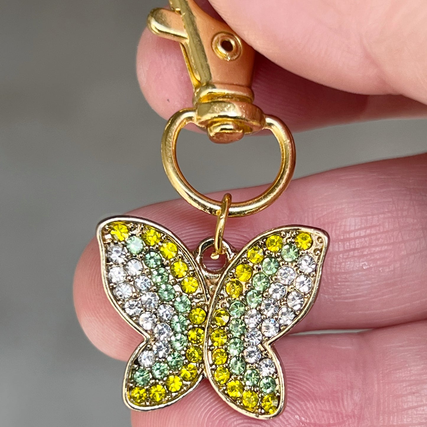 Yellow & Green Butterfly Zipper Pull Keychain Charm with Rhinestones - Stylish and Whimsical Accessory for Your Bag