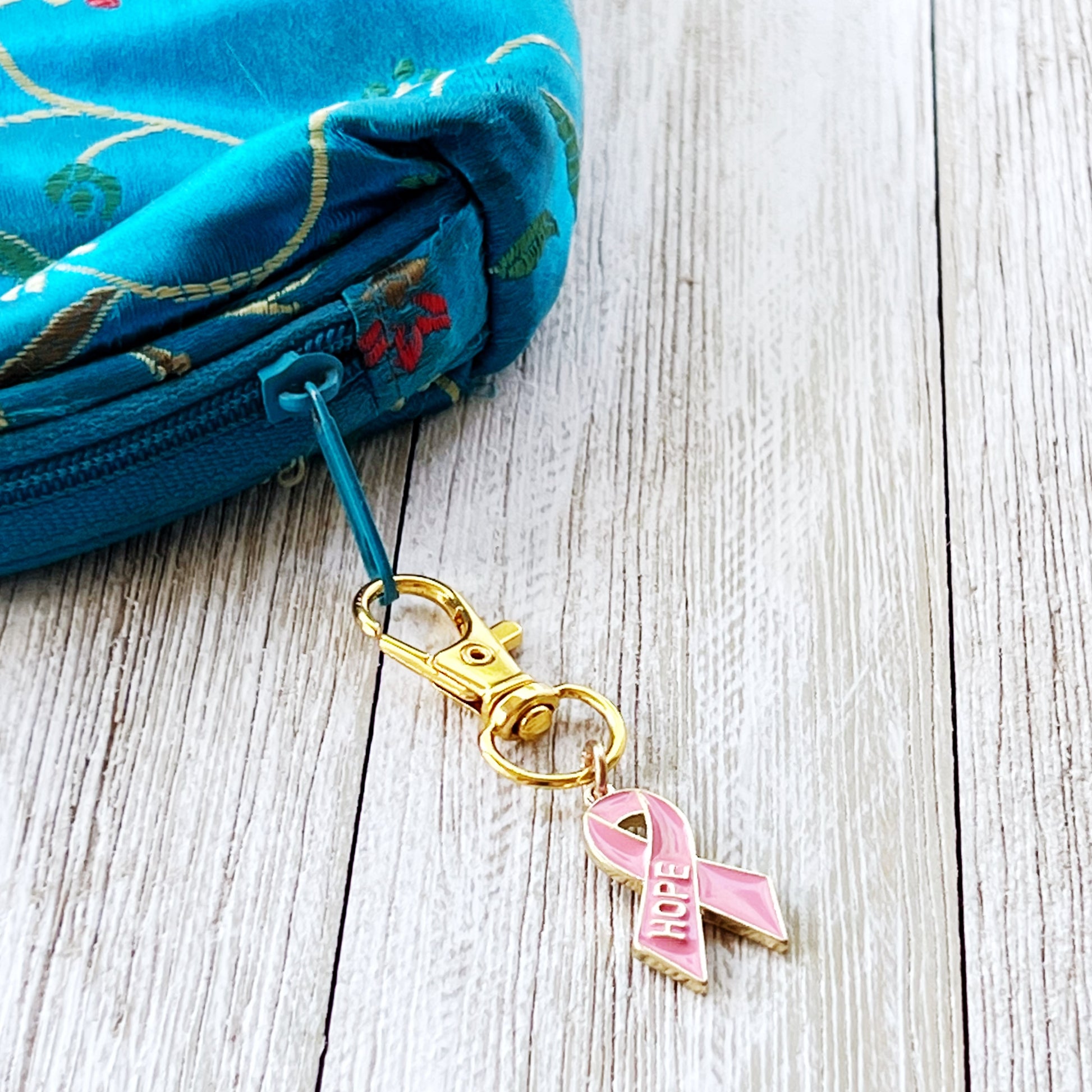 Pink Cancer Awareness Ribbon Zipper Pull Keychain Charm with Rhinestones