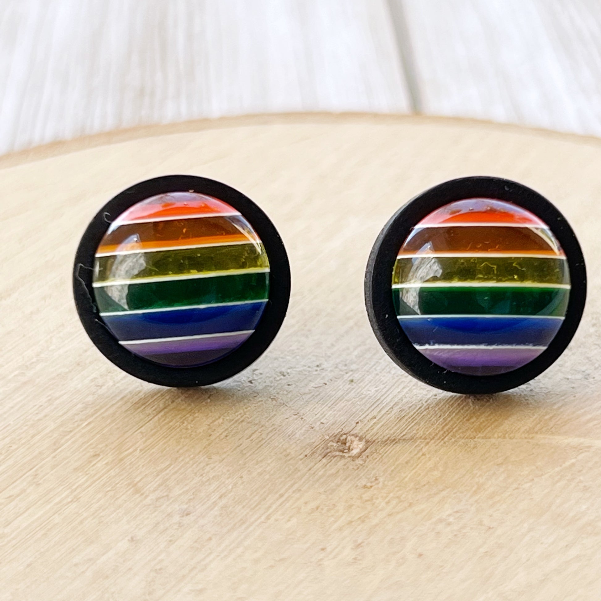 Rainbow Striped Black Wood Stud Earrings - Colorful and Unique Accessories