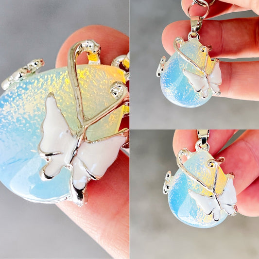 White Butterfly Wrapped Stone Zipper Pull Keychain Charm