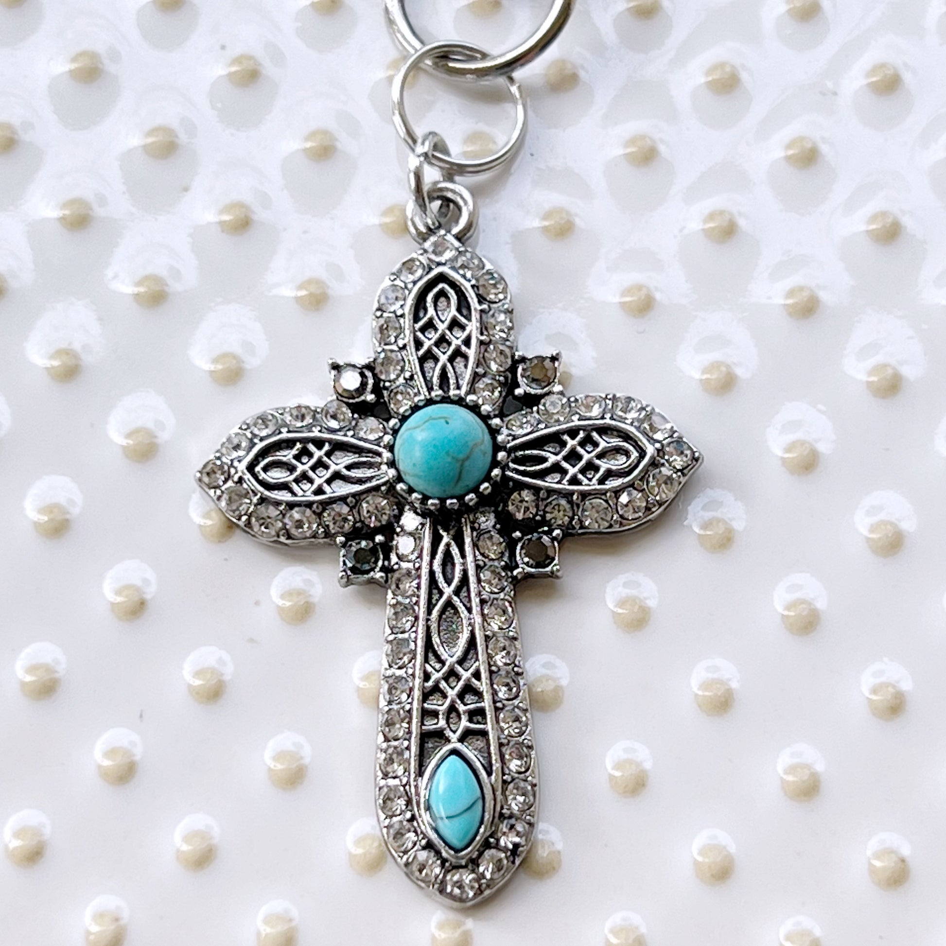 Turquoise Silver Cross Western Zipper Handbag Charm: Stylish Southwestern Accent