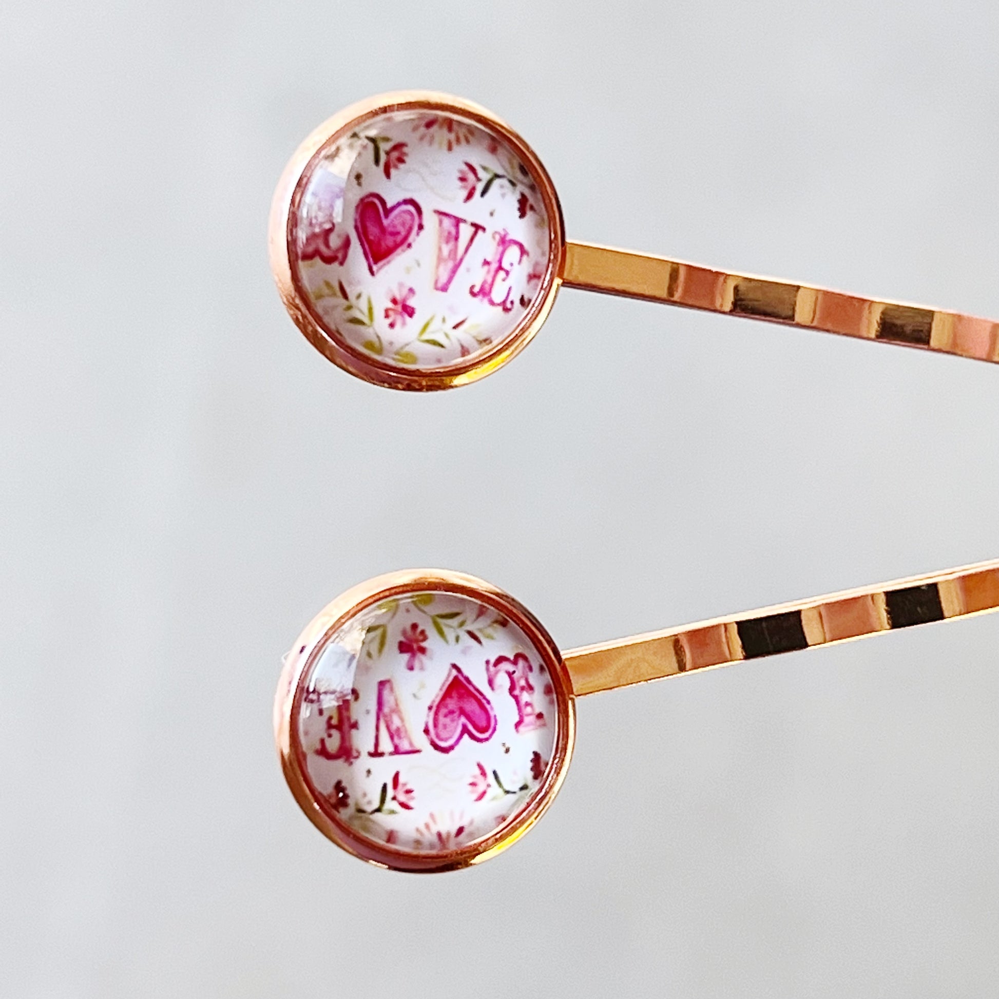 Rose Gold Floral Pink Love Heart Hair Pins