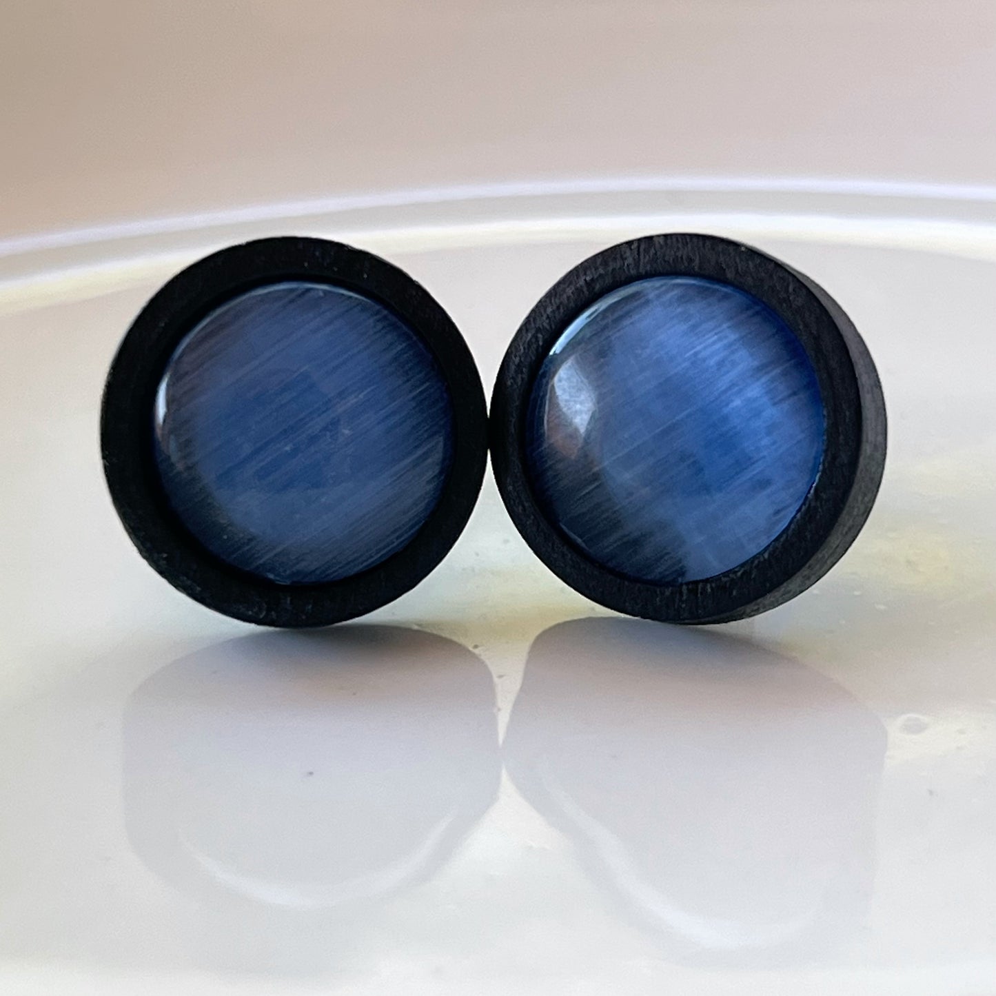 Blue Glass Black Wood Unisex Stud Earrings - Stylish & Versatile Accessories