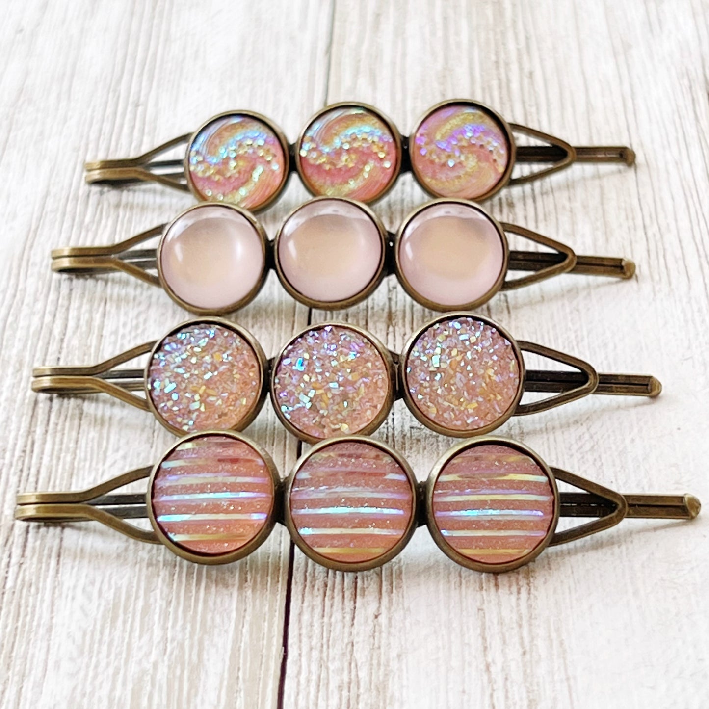 Pink Glitter Druzy Hair Pins - Set of 4 with Unique Pattern Designs