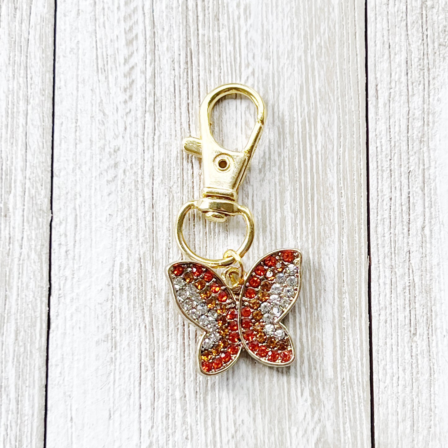 Red & Orange Butterfly Zipper Pull Keychain Charm with Rhinestones - Stylish and Whimsical Accessory for Your Bag