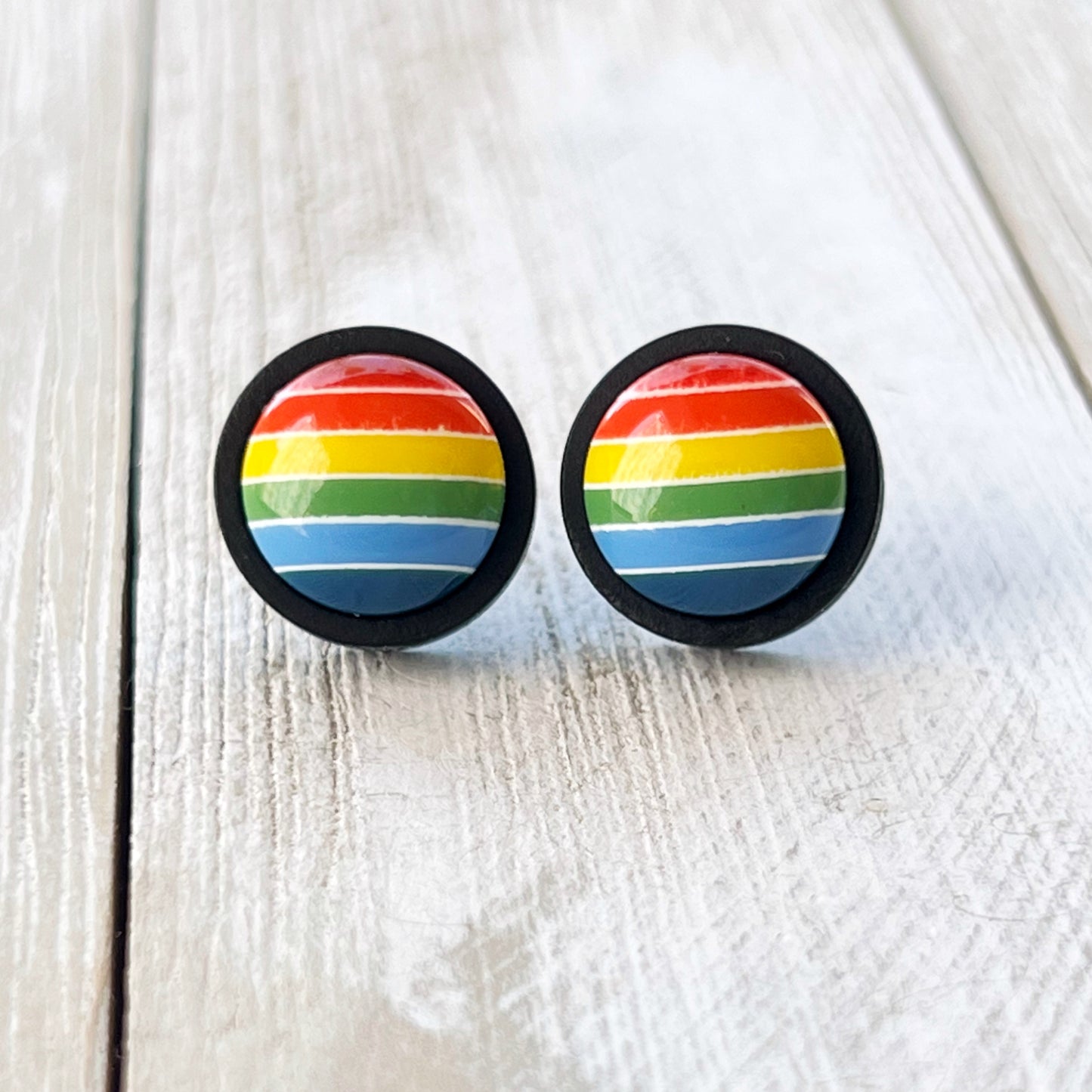 Rainbow Striped Black Wood Stud Earrings - Colorful and Unique Accessories