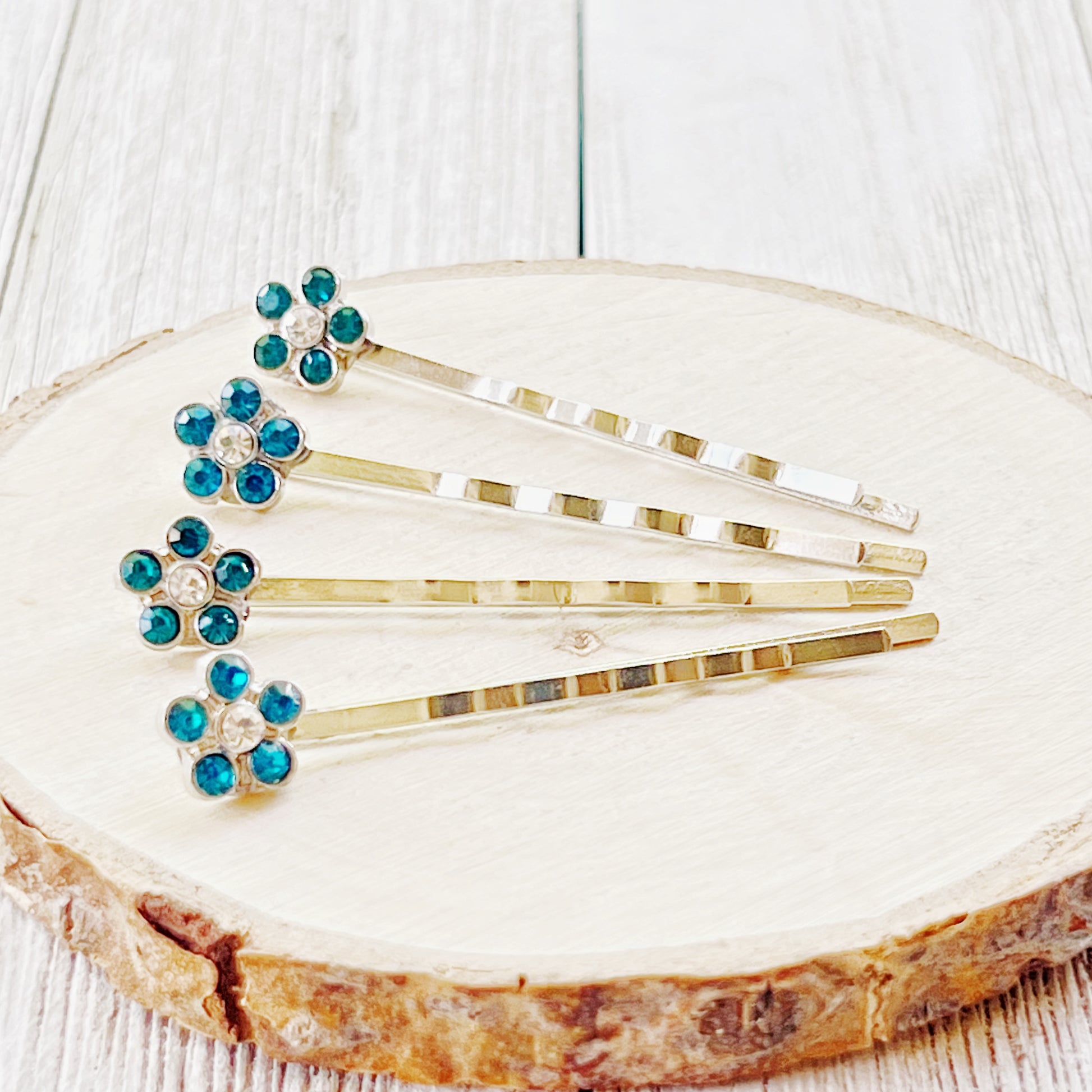 Blue Rhinestone Flower Hair Pins - Elegant and Sparkling Floral Hair Accessories