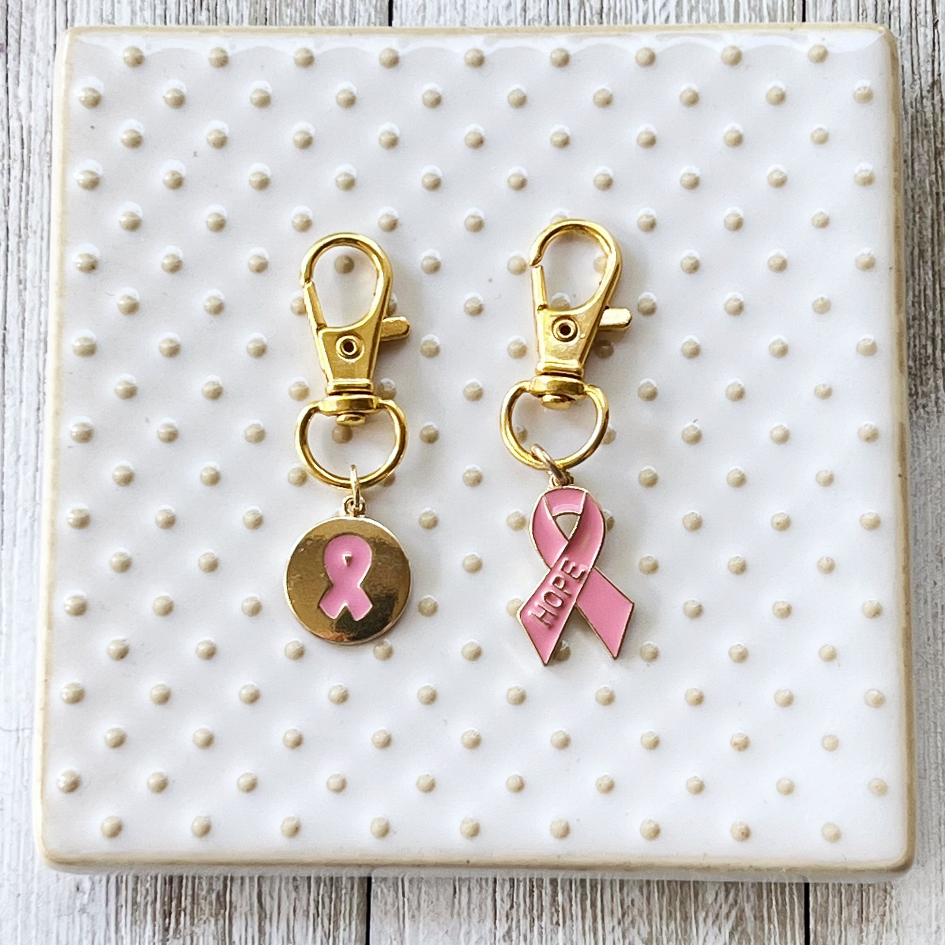 Pink Cancer Awareness Ribbon Zipper Pull Keychain Charm with Rhinestones