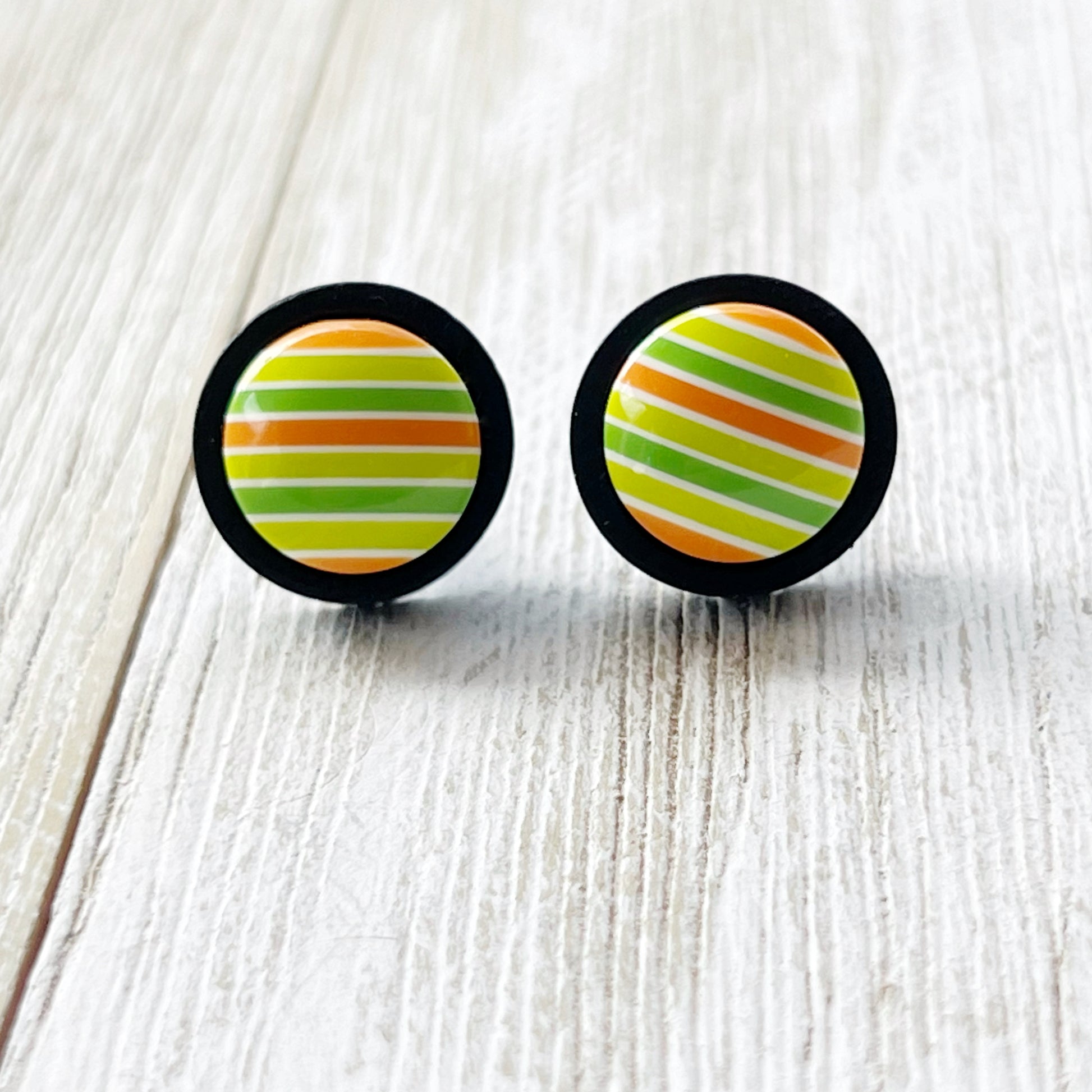 Green & Orange Striped Black Wood Stud Earrings - Unique and Colorful Accessories