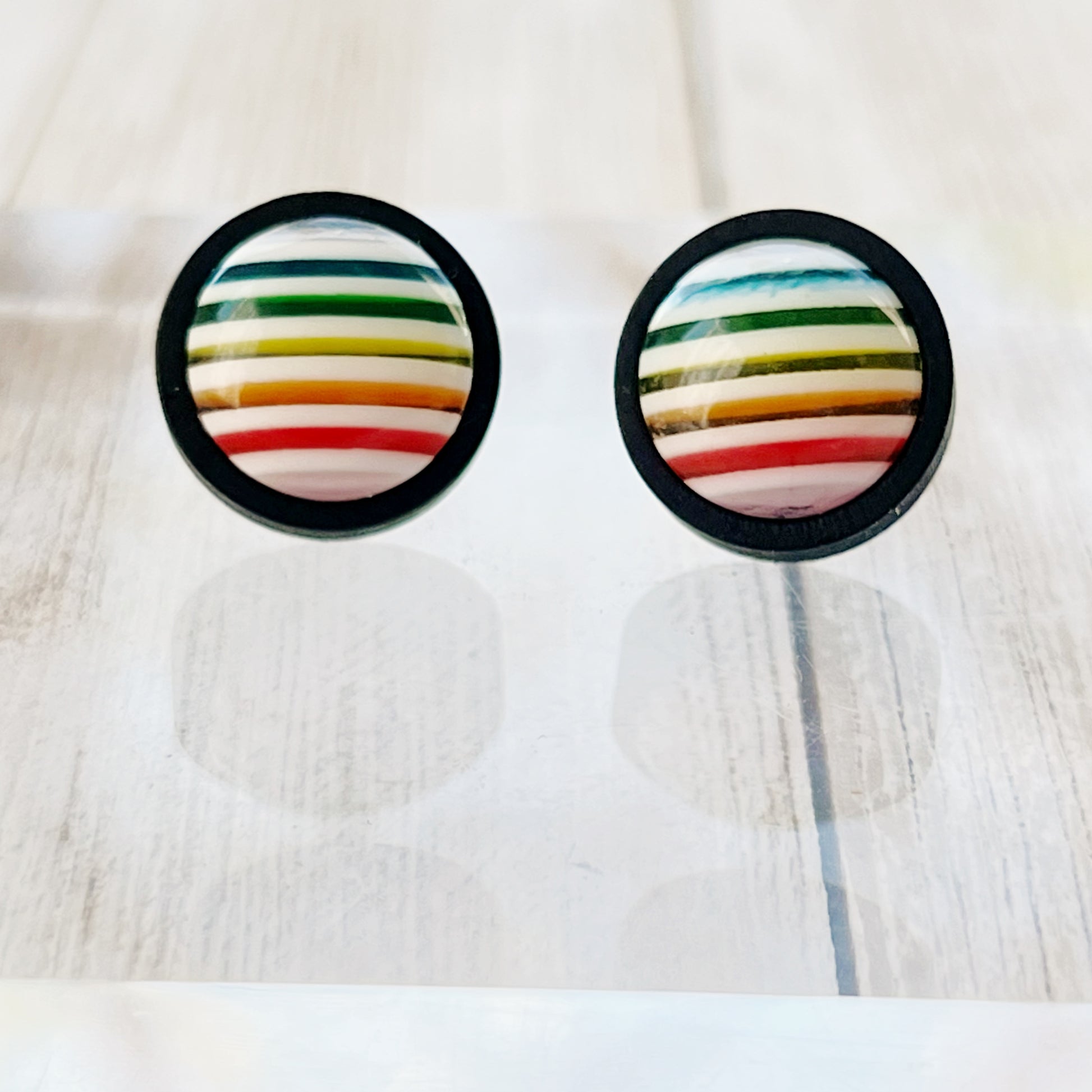 Rainbow Striped Black Wood Stud Earrings - Colorful and Unique Accessories