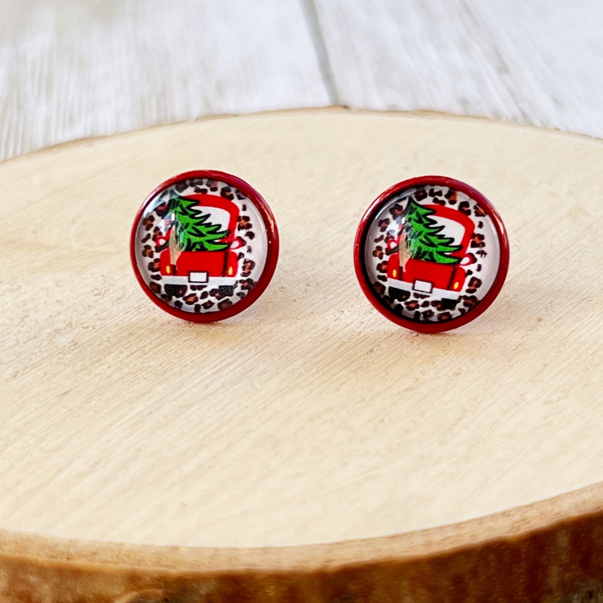 Red Truck with Christmas Tree Stud Earrings: Rustic Farmhouse Holiday Charm for Your Ears