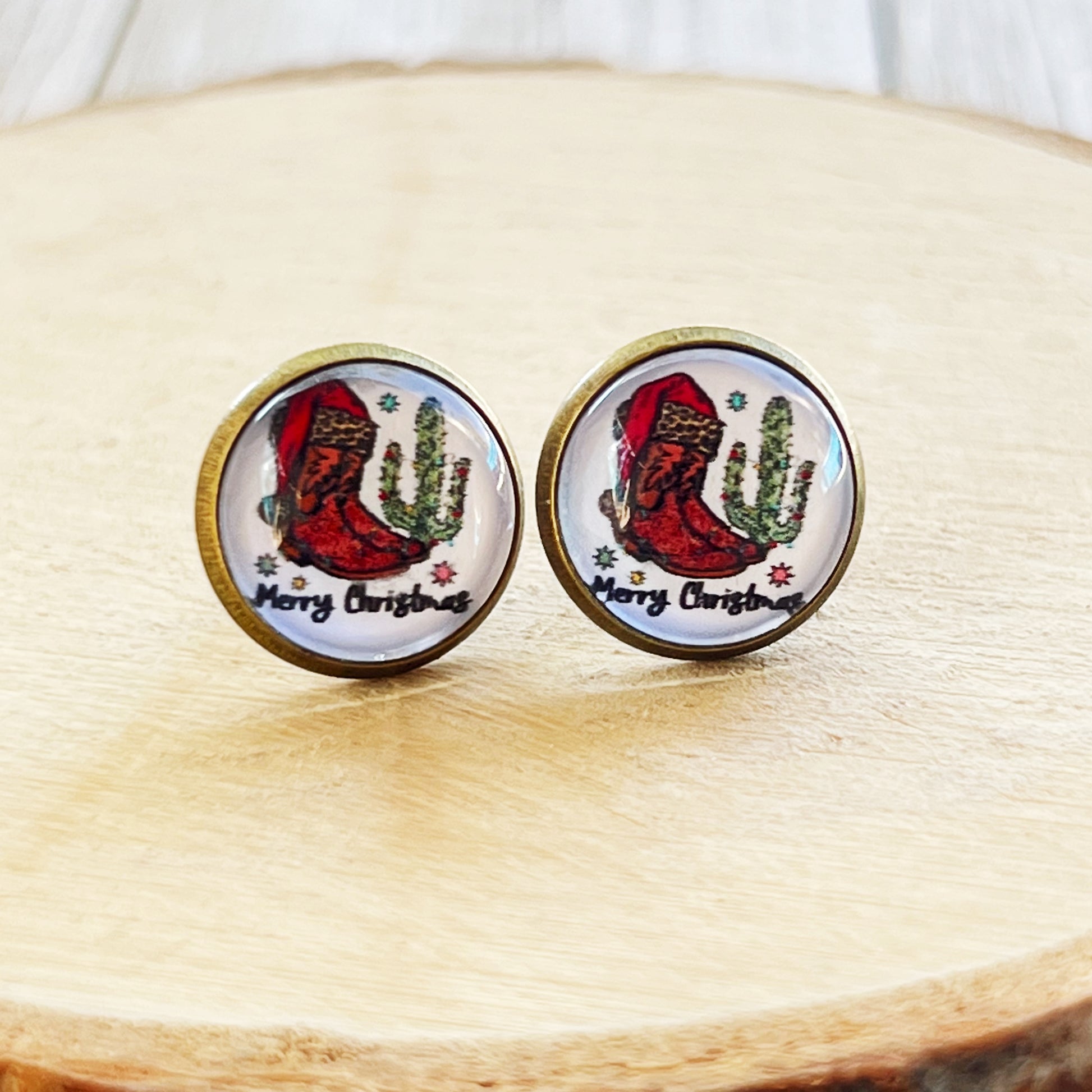 Western Cactus & Boot Merry Christmas Stud Earrings: Festive Southwest Charm