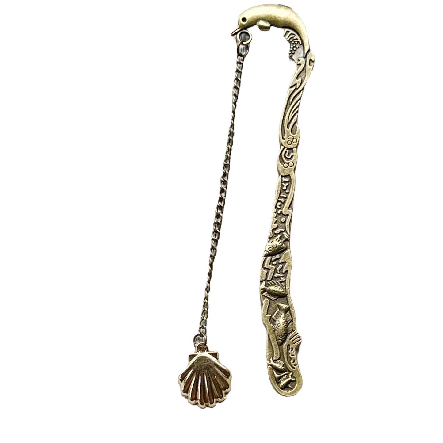 Metal Dolphin Bookmark with Seashell Dangle Chain Charm - Coastal-Inspired Reading Accessory