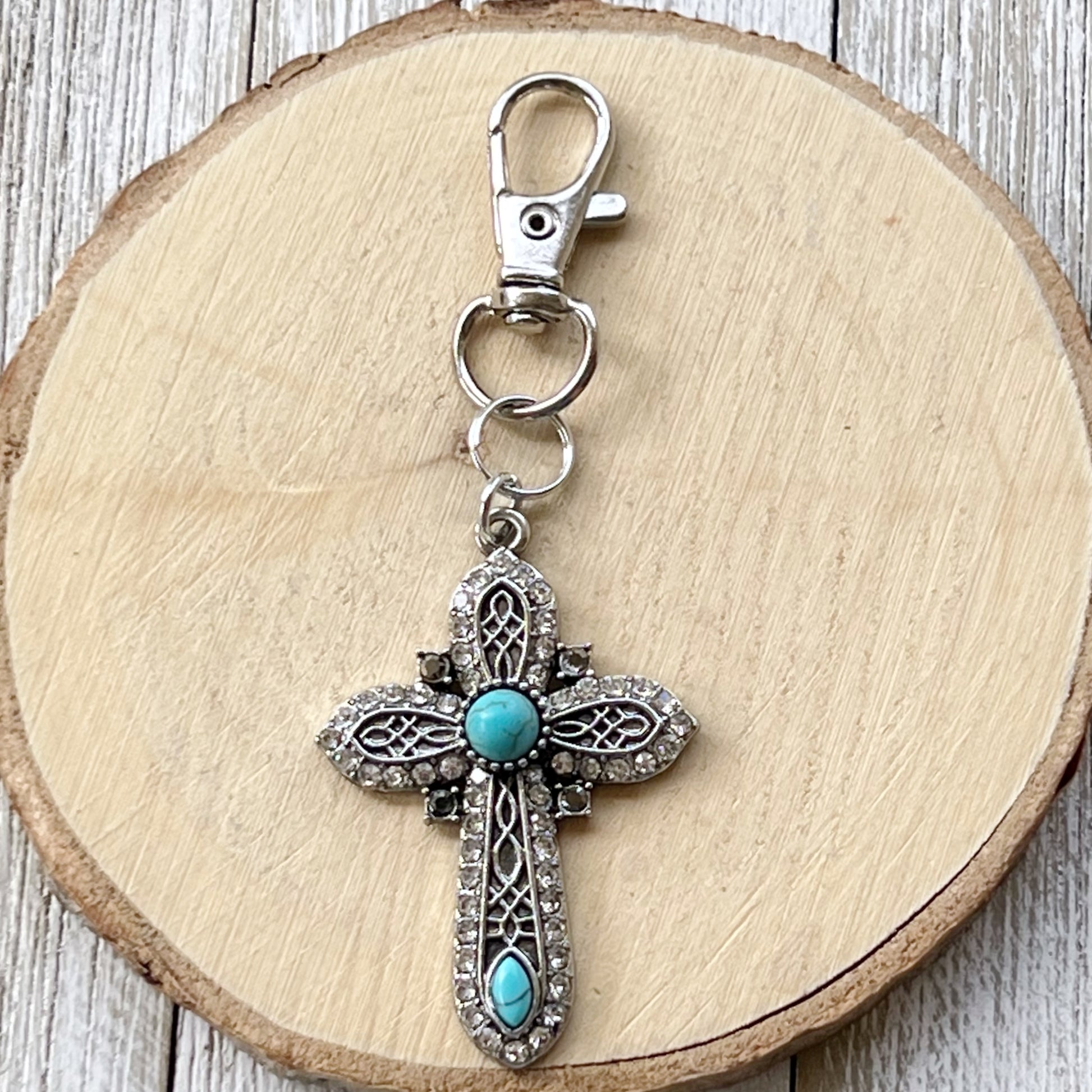 Turquoise Silver Cross Western Zipper Handbag Charm: Stylish Southwestern Accent