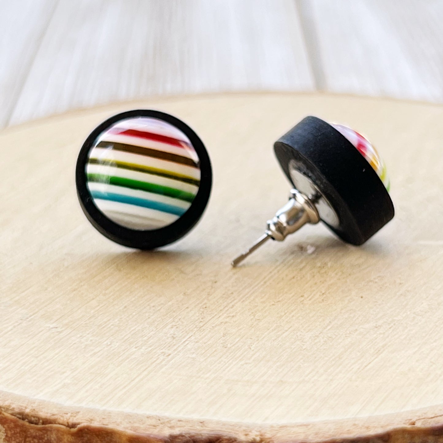 Rainbow Striped Black Wood Stud Earrings - Colorful and Unique Accessories