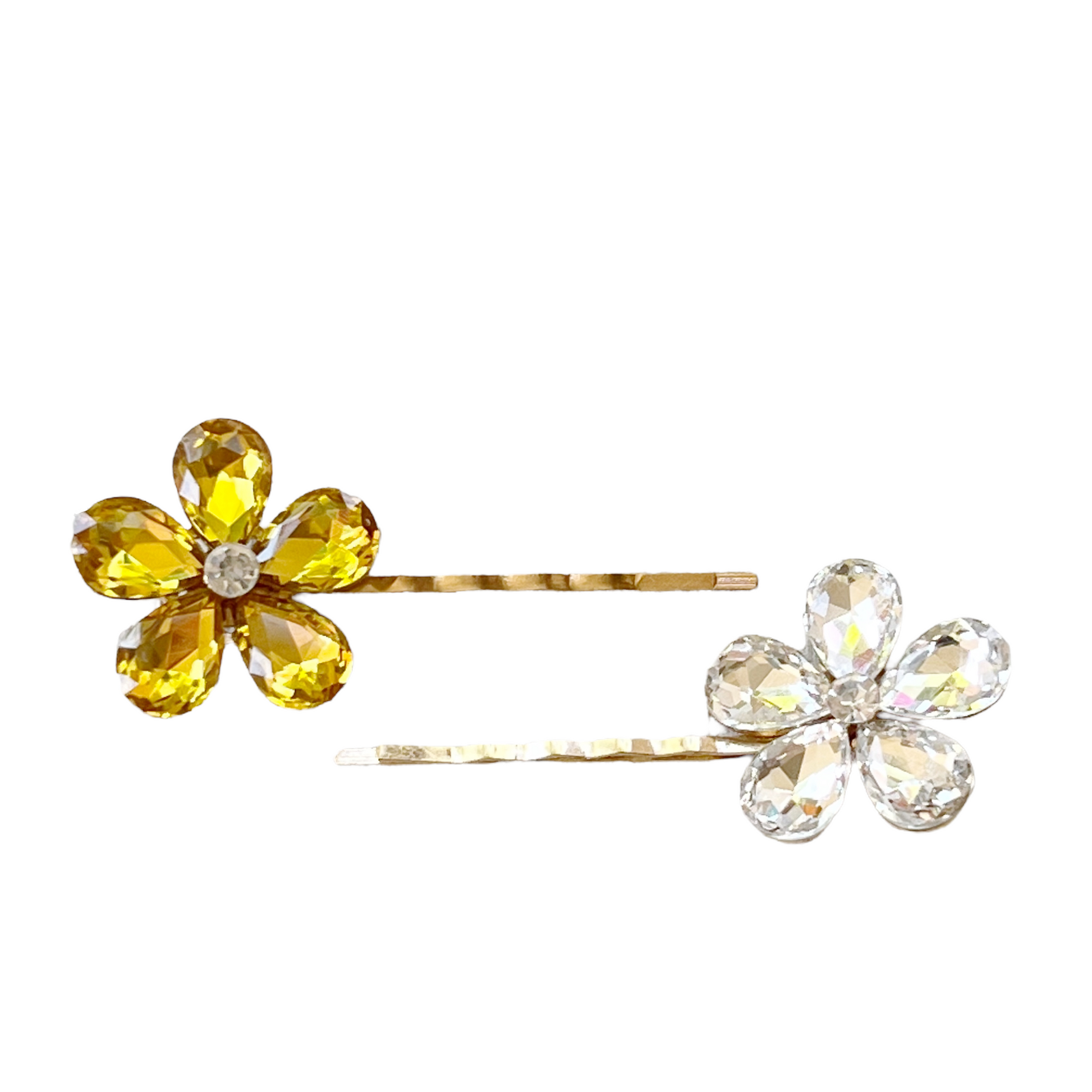 Yellow & Clear Rhinestone Flower Gold Bobby Pins: Stylish Accents for Glamorous Hairdos